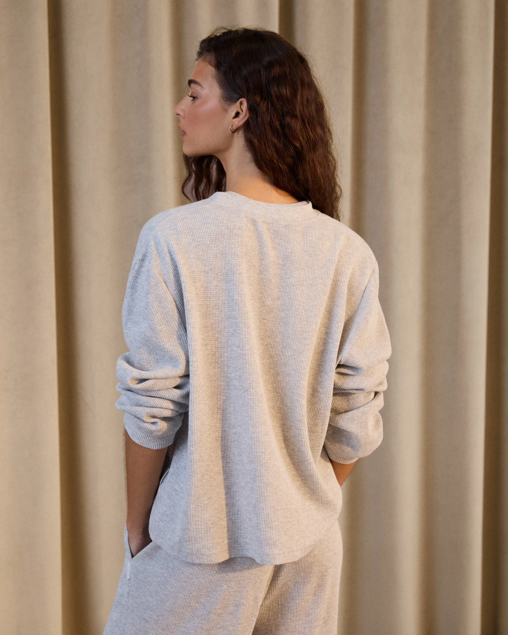 Waffle Henley Long Sleeve T-shirt - Light Grey Melange SeamlessConstruction