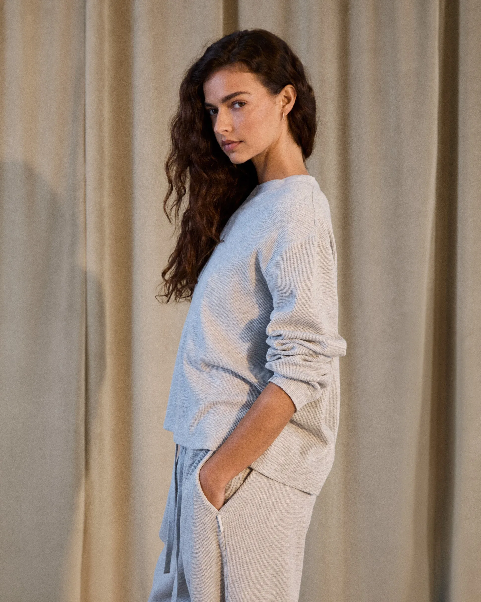 Waffle Henley Long Sleeve T-shirt - Light Grey Melange UPF Protective Fabric