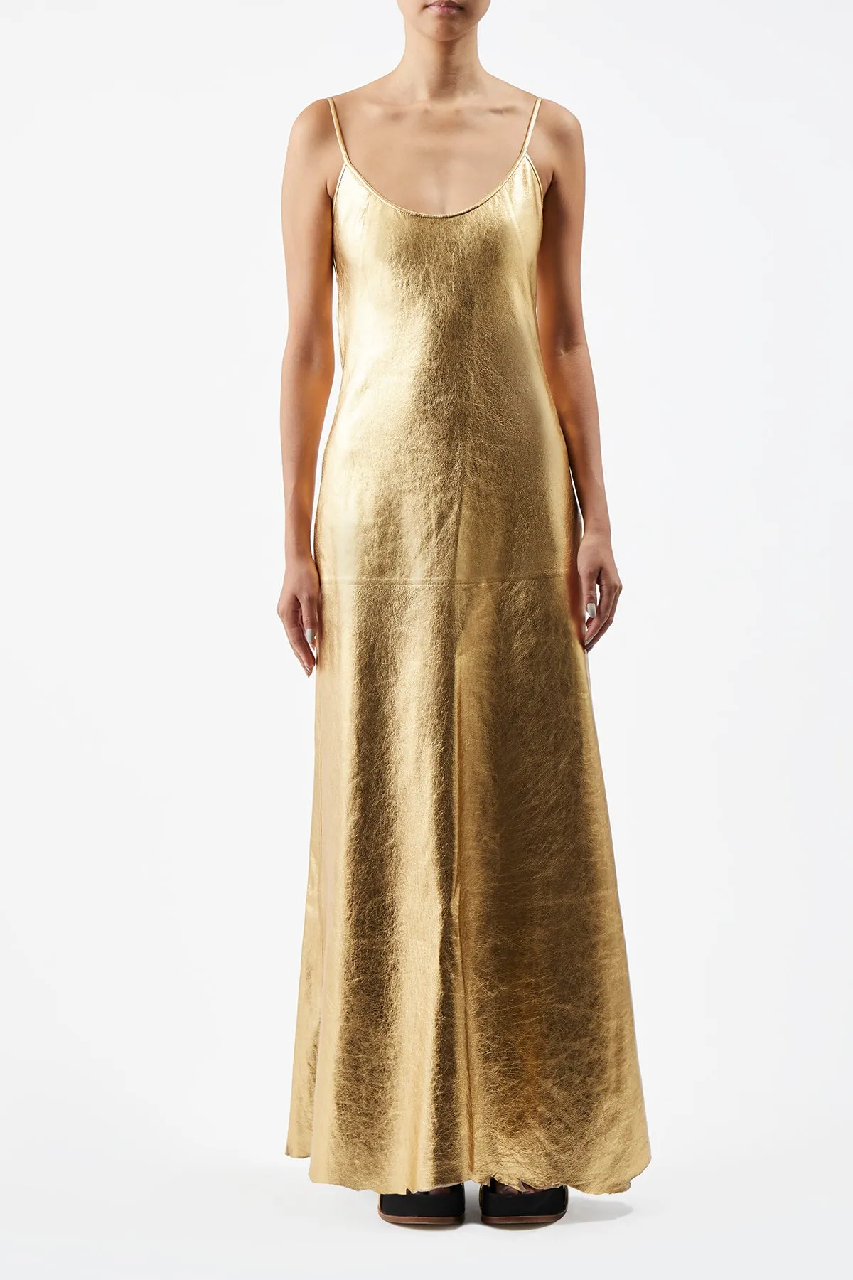 Teles Slip Dress in Gold Metallic Nappa Leather Boxy-Style Layered Style