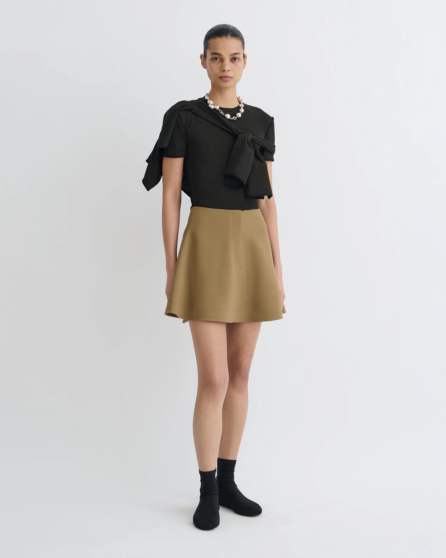 Tenna - Tailored A-Line Mini Skirt - Brown Side Pockets Gentle Vibe