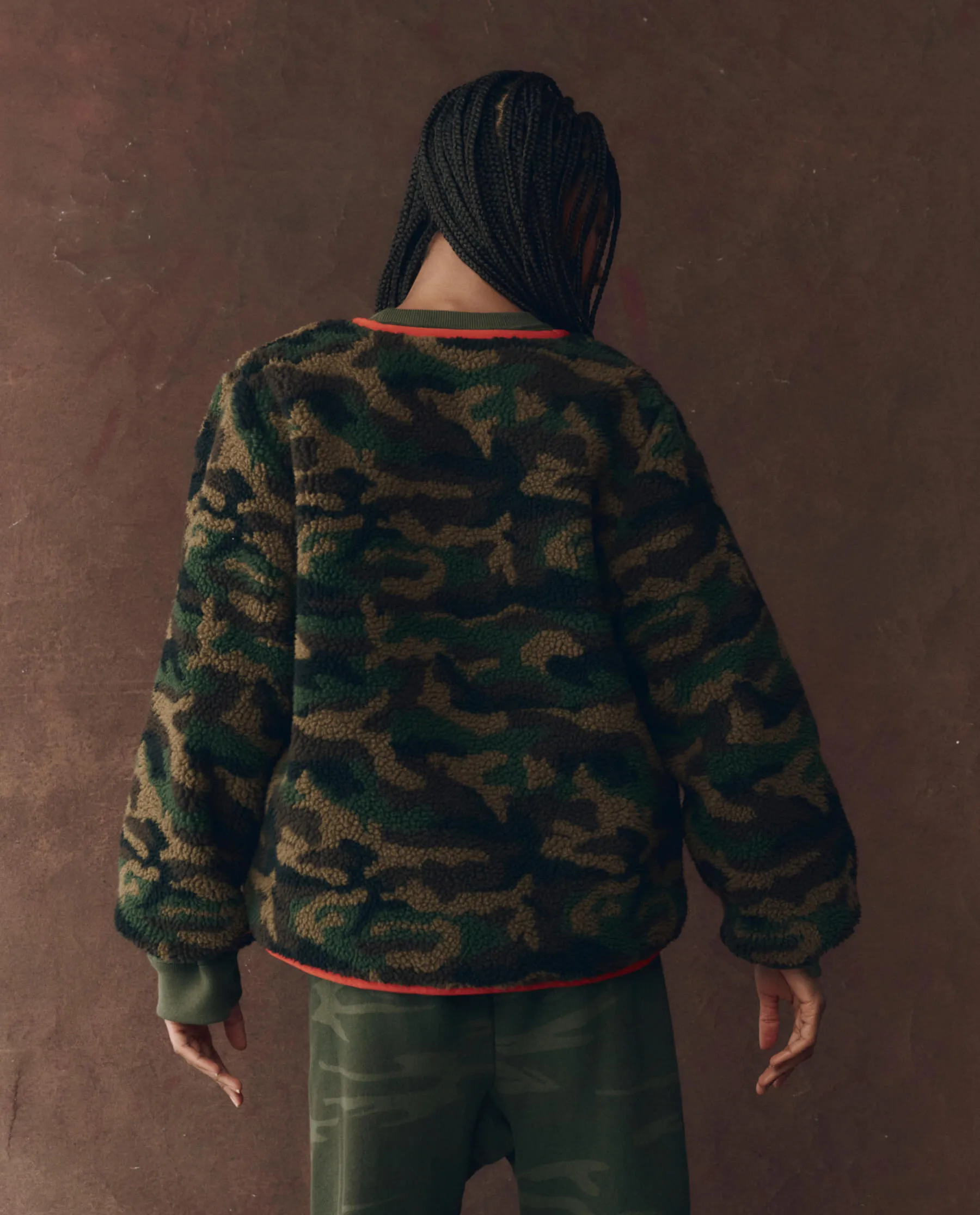 Cozy and Versatile The Reversible Plush Bomber. -- Camo & Hot Red