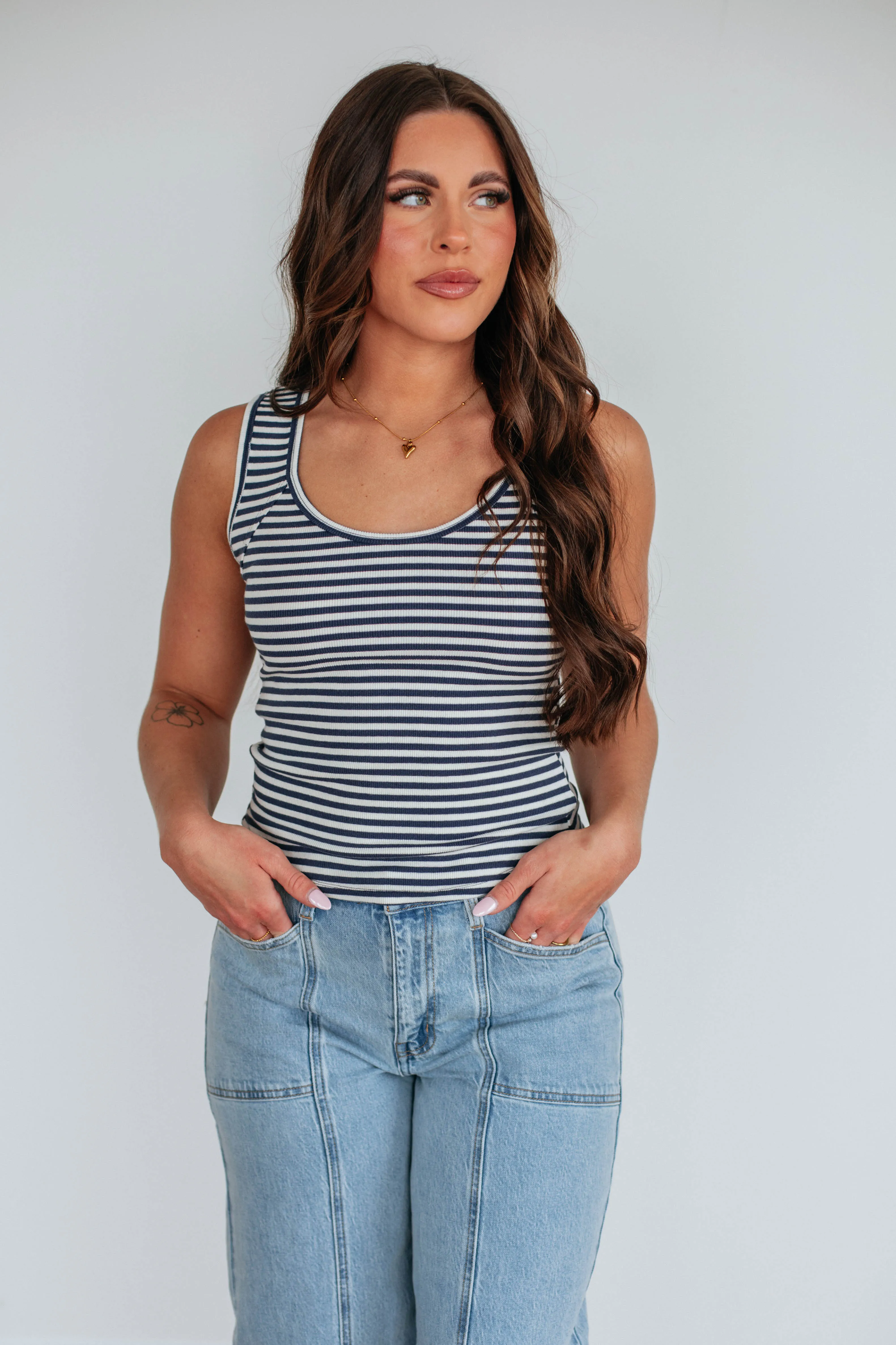suitable for scientists Antibacterial Fiber Blend Theo Striped Tank - Navy Mix