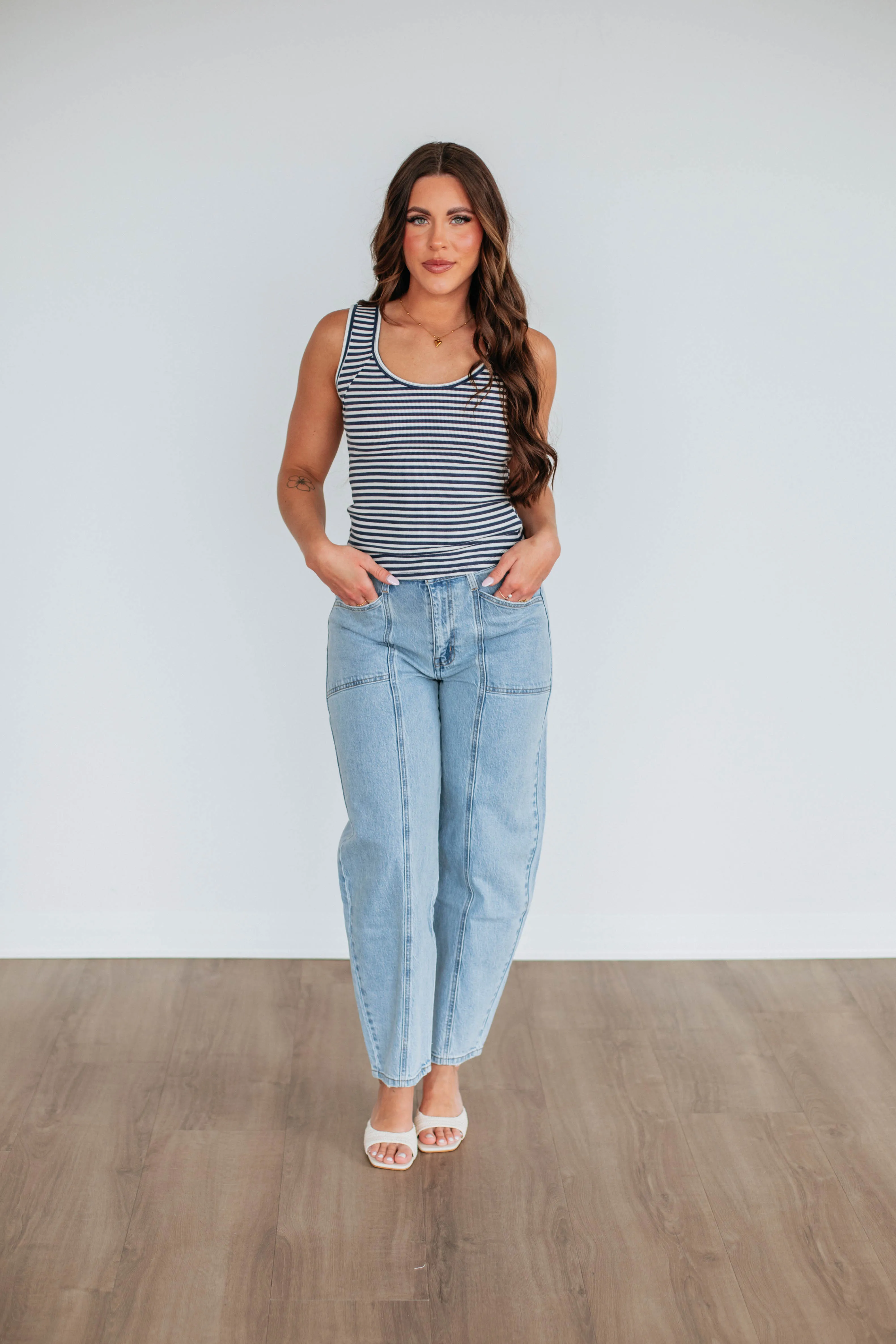 Premium Fabric Blend communication Theo Striped Tank - Navy Mix