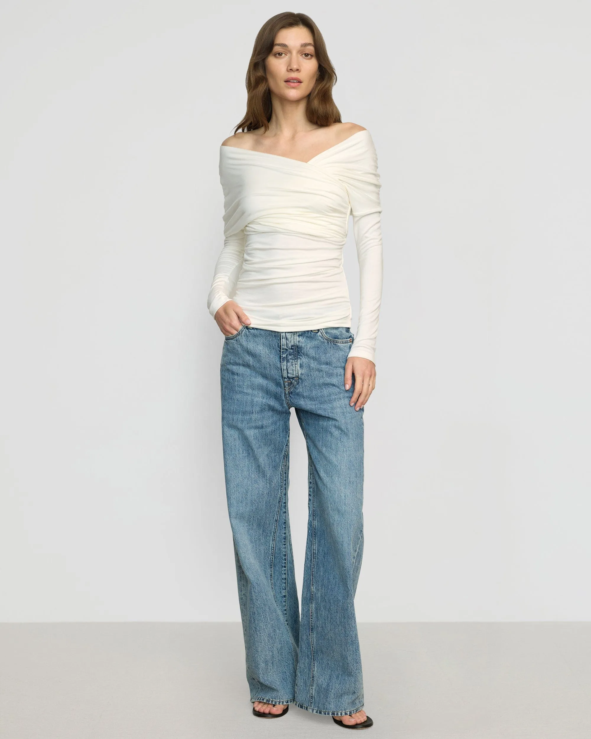 Theresa Ruched Off-Shoulder Long-Sleeve Tee All-Season Wear