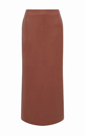Refined Sophistication Manuela Midi Skirt in Cognac Soft Leather