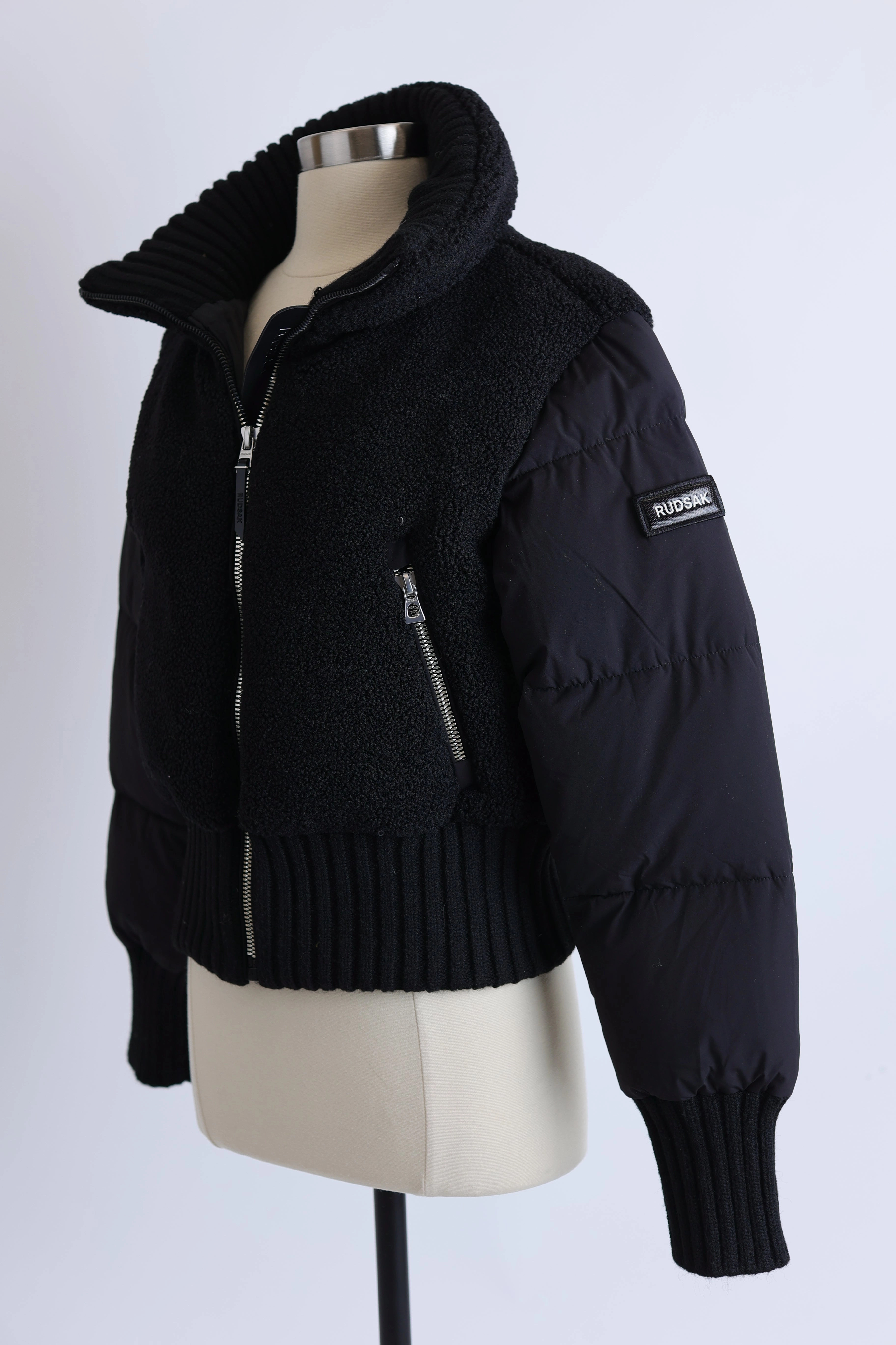 Tiff Faux Shearling Down Bomber Jacket ConvertibleCollar