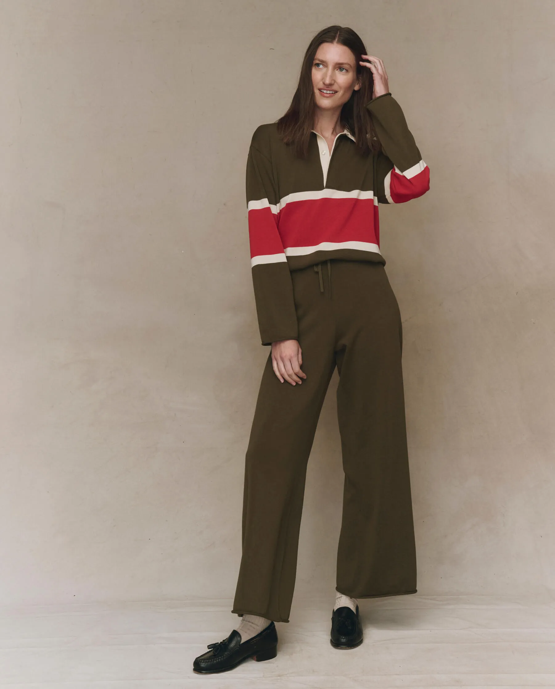 The Rugby Sweater. Novelty -- Army with Hot Red Stripe Comfortable Knit