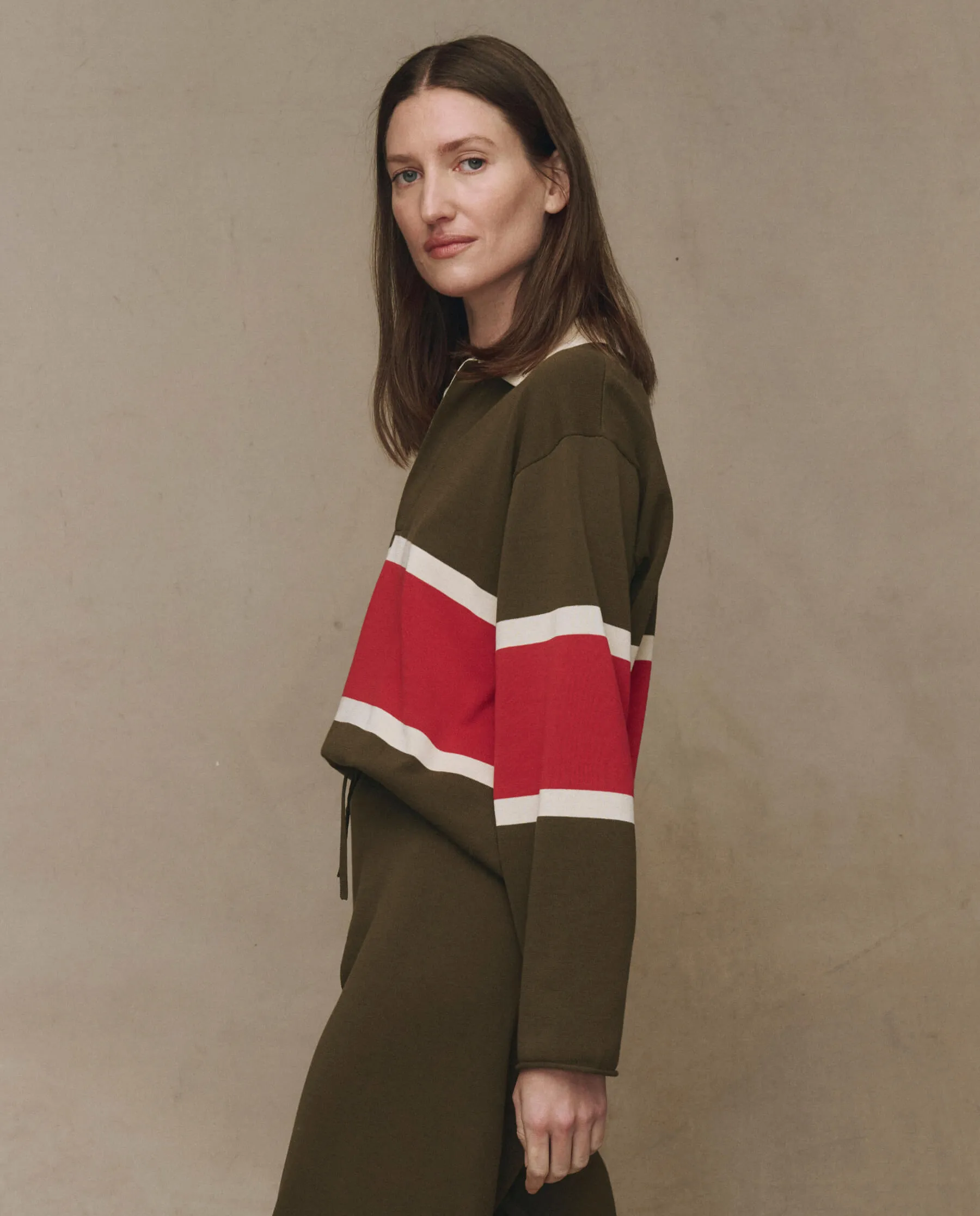 The Rugby Sweater. Novelty -- Army with Hot Red Stripe Versatile Styling