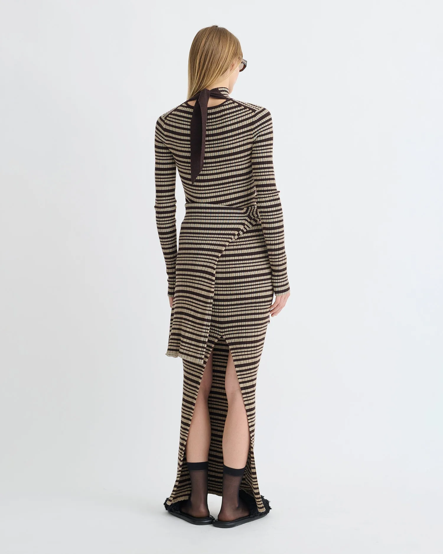 Formal Style Mirell - Fine Merino Rib Long Dress - Black/Brown/Green Stripe
