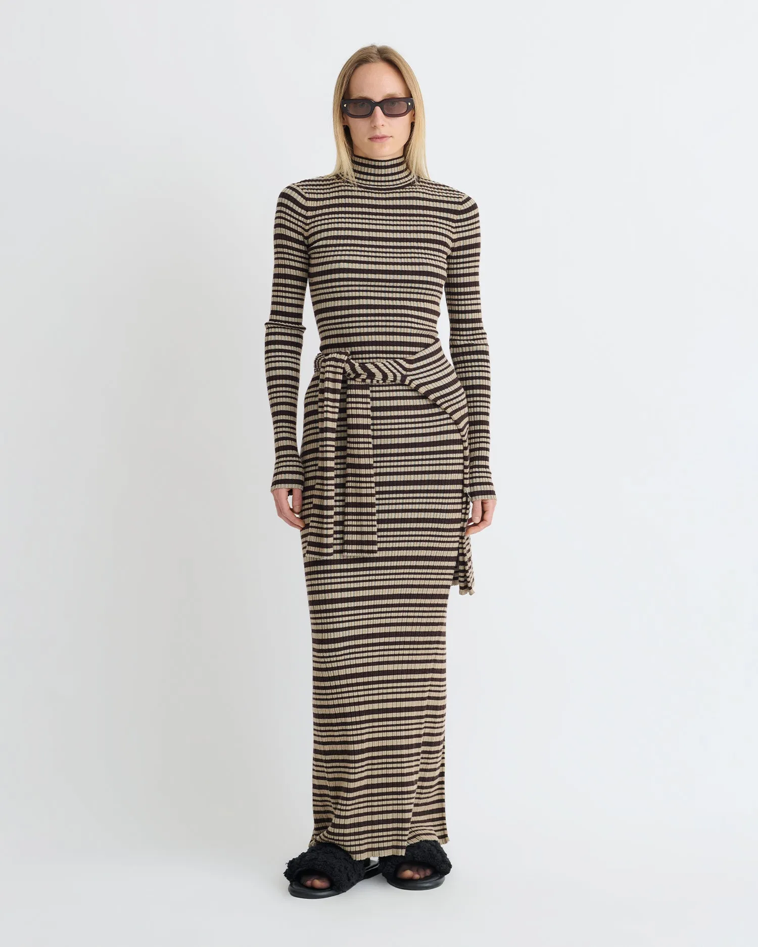 Cool Tone Date Nightwear Mirell - Fine Merino Rib Long Dress - Black/Brown/Green Stripe