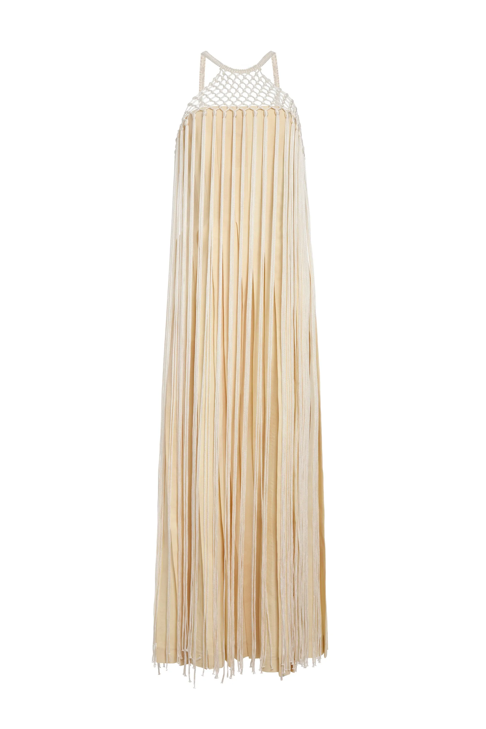 Light and Breezy Tacia Fringe Maxi Dress in Ivory Silk