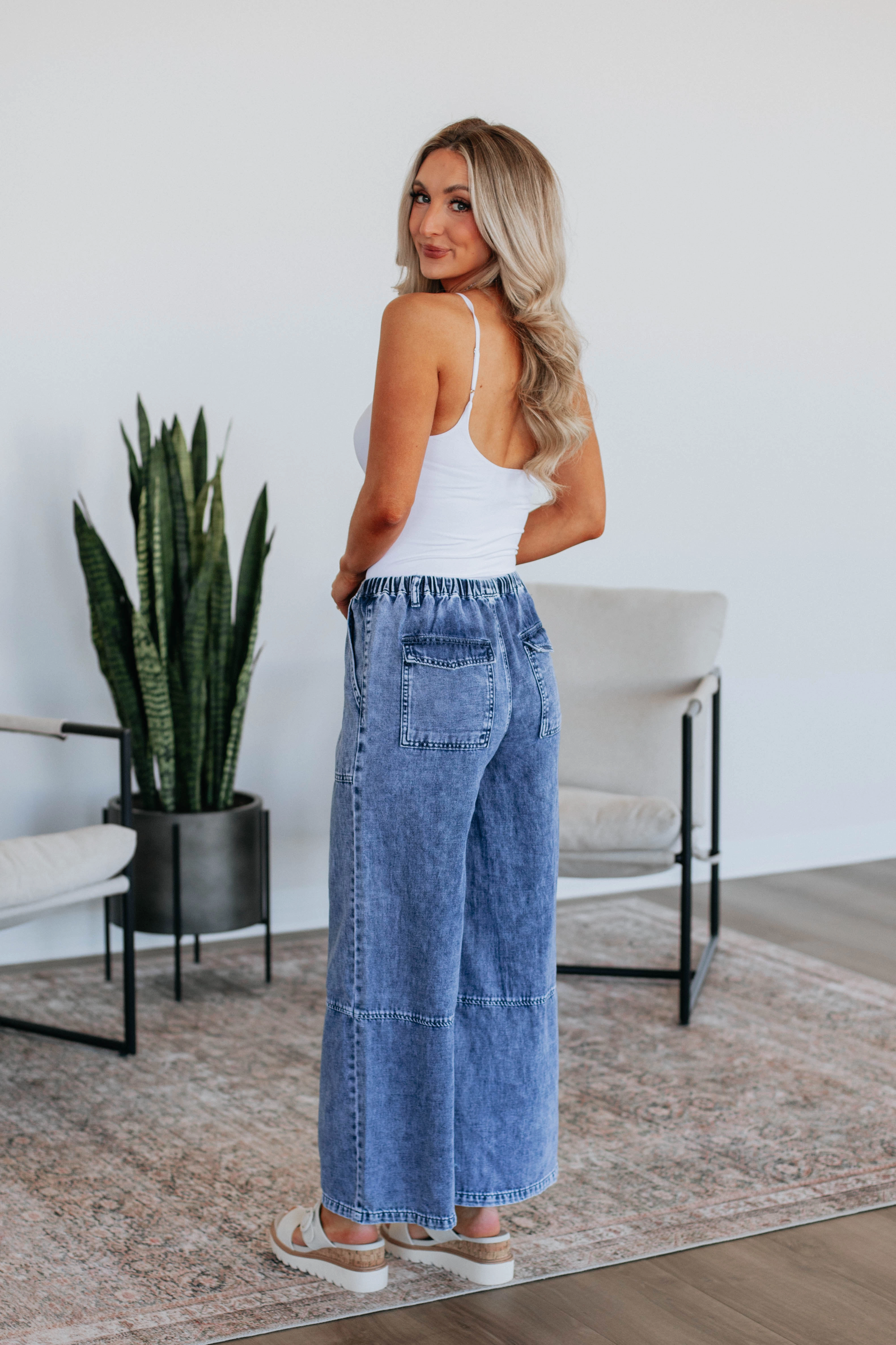 Twila Wide Leg Pants - Medium Wash Soft Brushed Lining Comfort Style