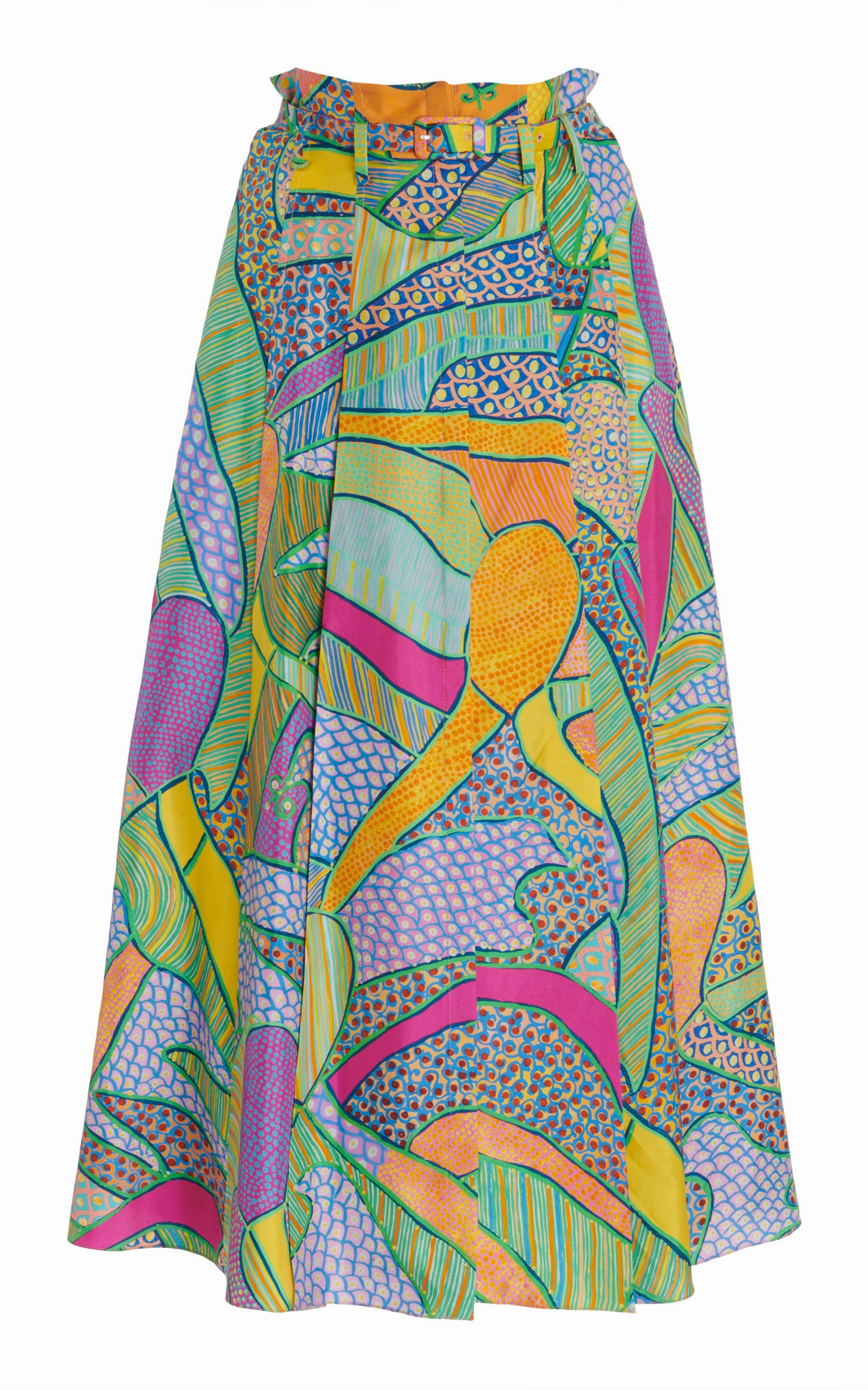 Dugald Pleated Midi Skirt in Green Multi Printed Silk Twill Exclusive Drop