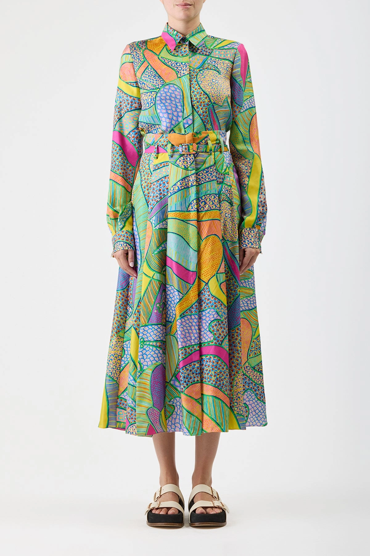 Dugald Pleated Midi Skirt in Green Multi Printed Silk Twill All Day