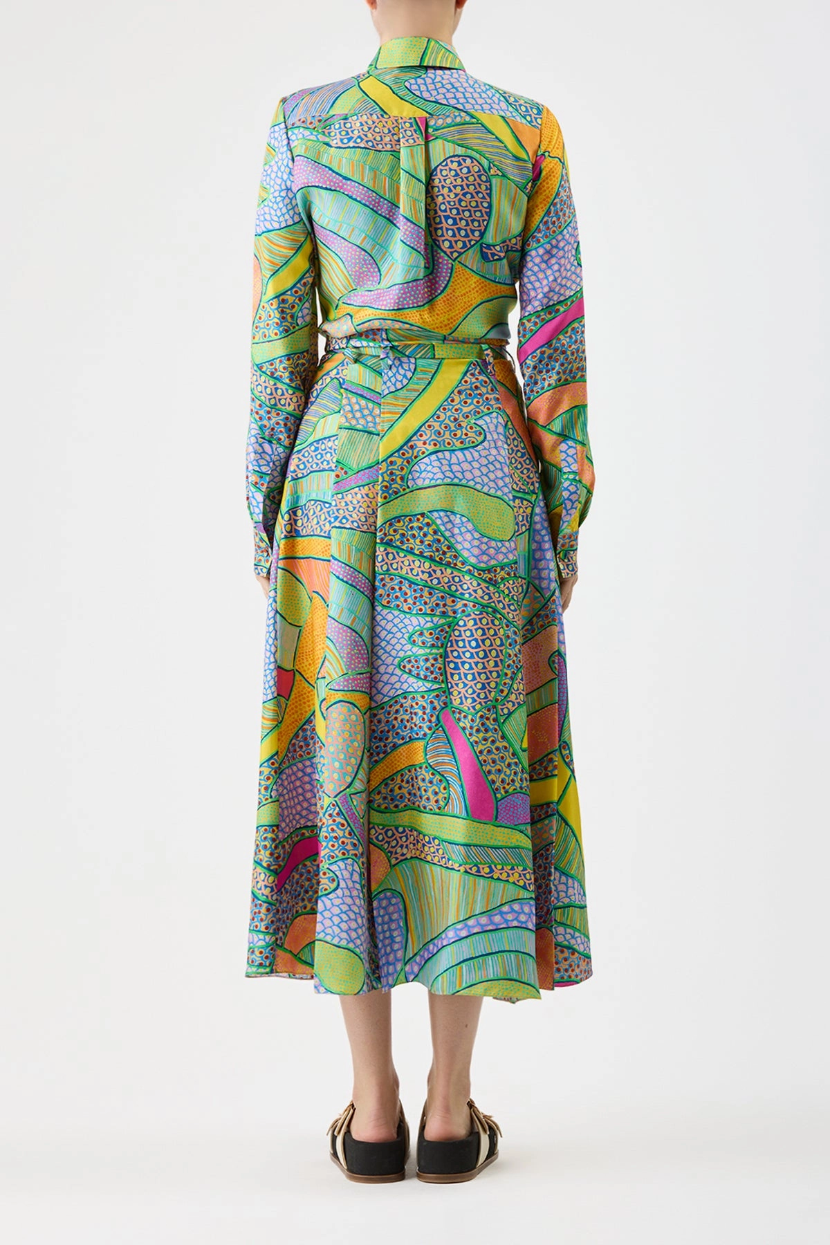 Dugald Pleated Midi Skirt in Green Multi Printed Silk Twill Tonal Look Transitional Wear