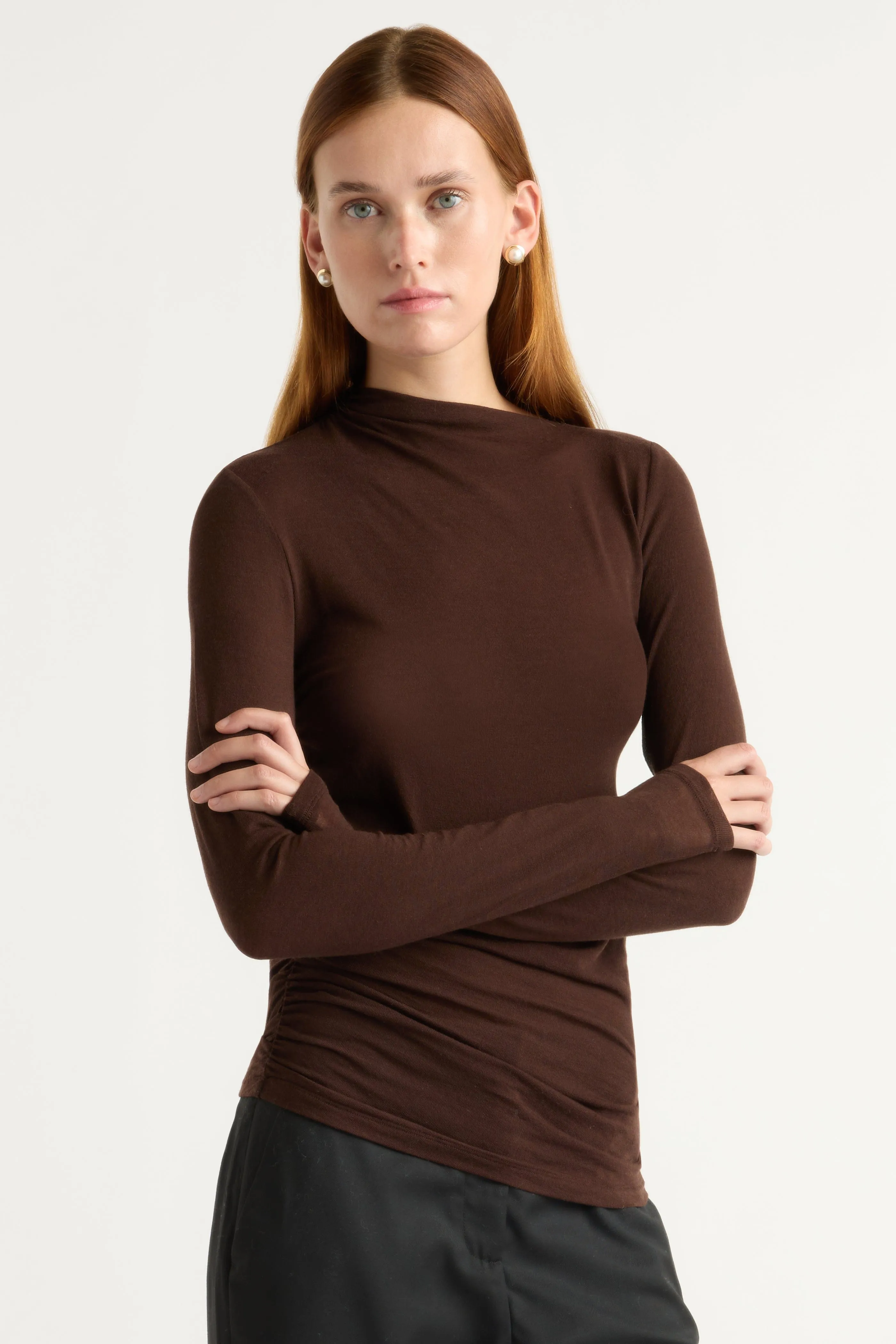 Casual Essentials Vittoria Asymmetric-Neck Semi-Sheer Ruched Tee