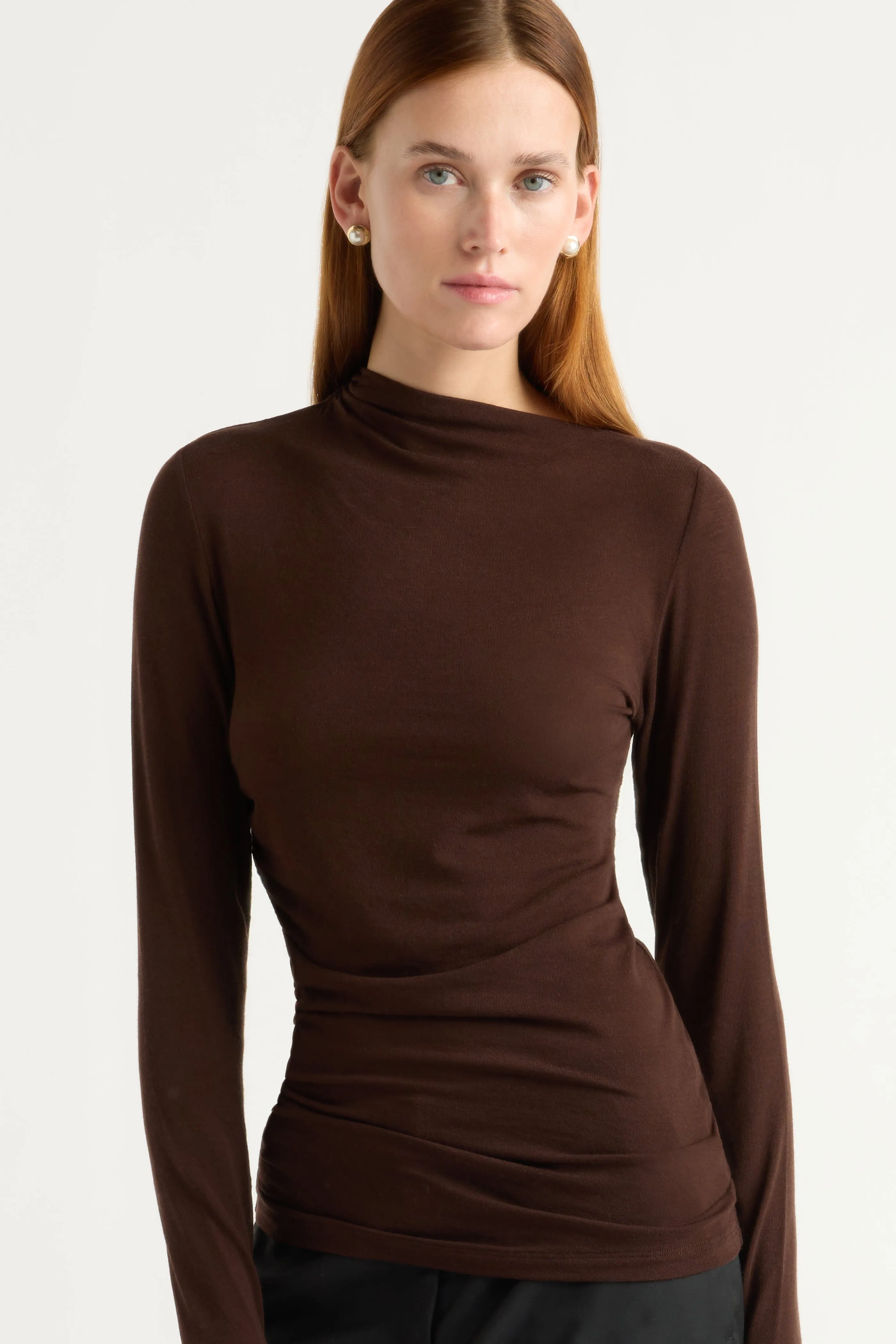 Vittoria Asymmetric-Neck Semi-Sheer Ruched Tee Stretch Design Breathable Waist