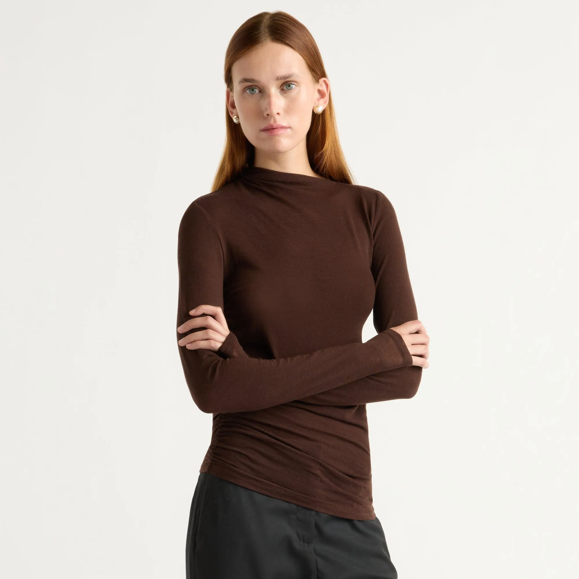 Vittoria Asymmetric-Neck Semi-Sheer Ruched Tee Modern Twist
