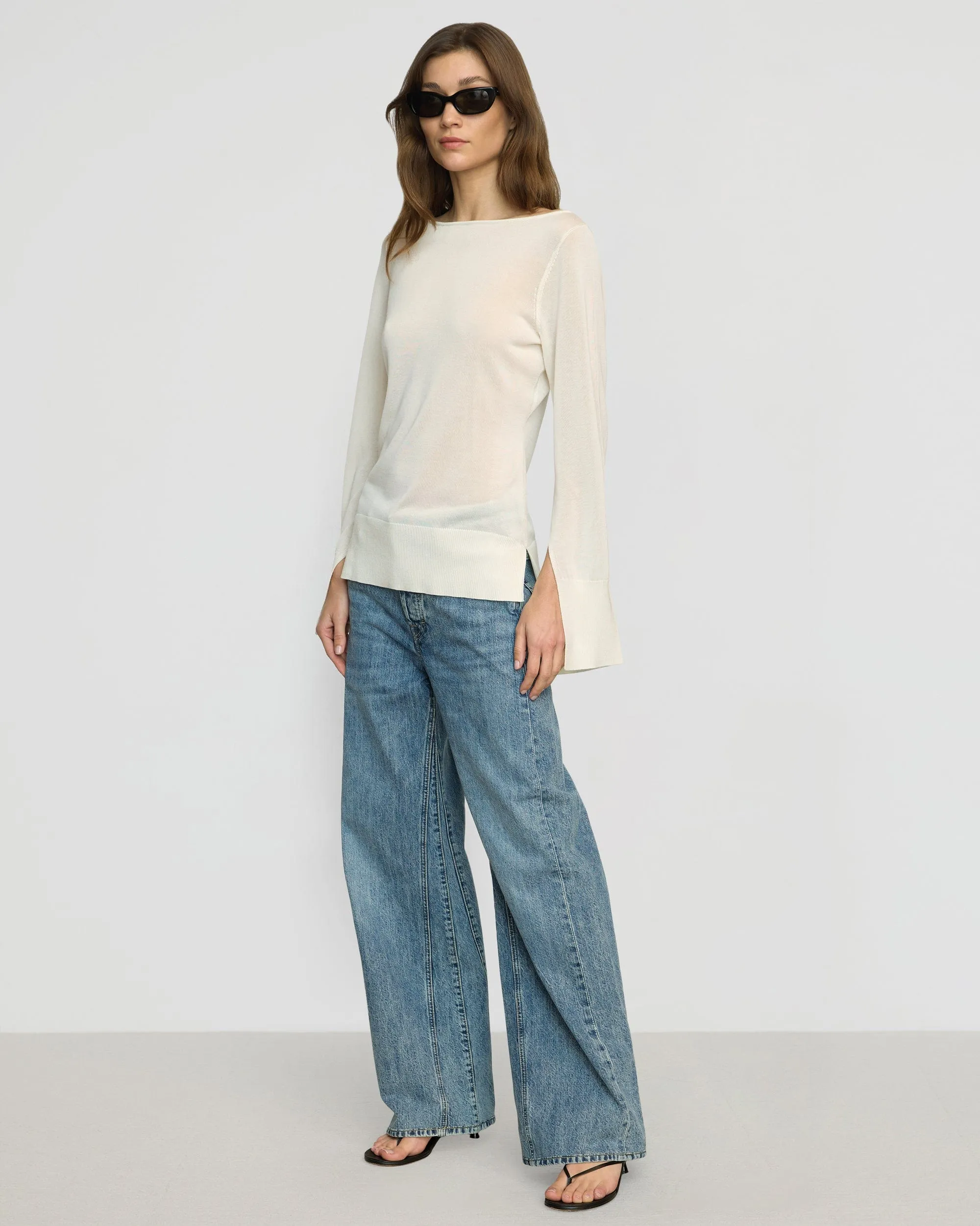 Relaxed Stretch Keegan Semi-Sheer Slit-Neck Knit Top