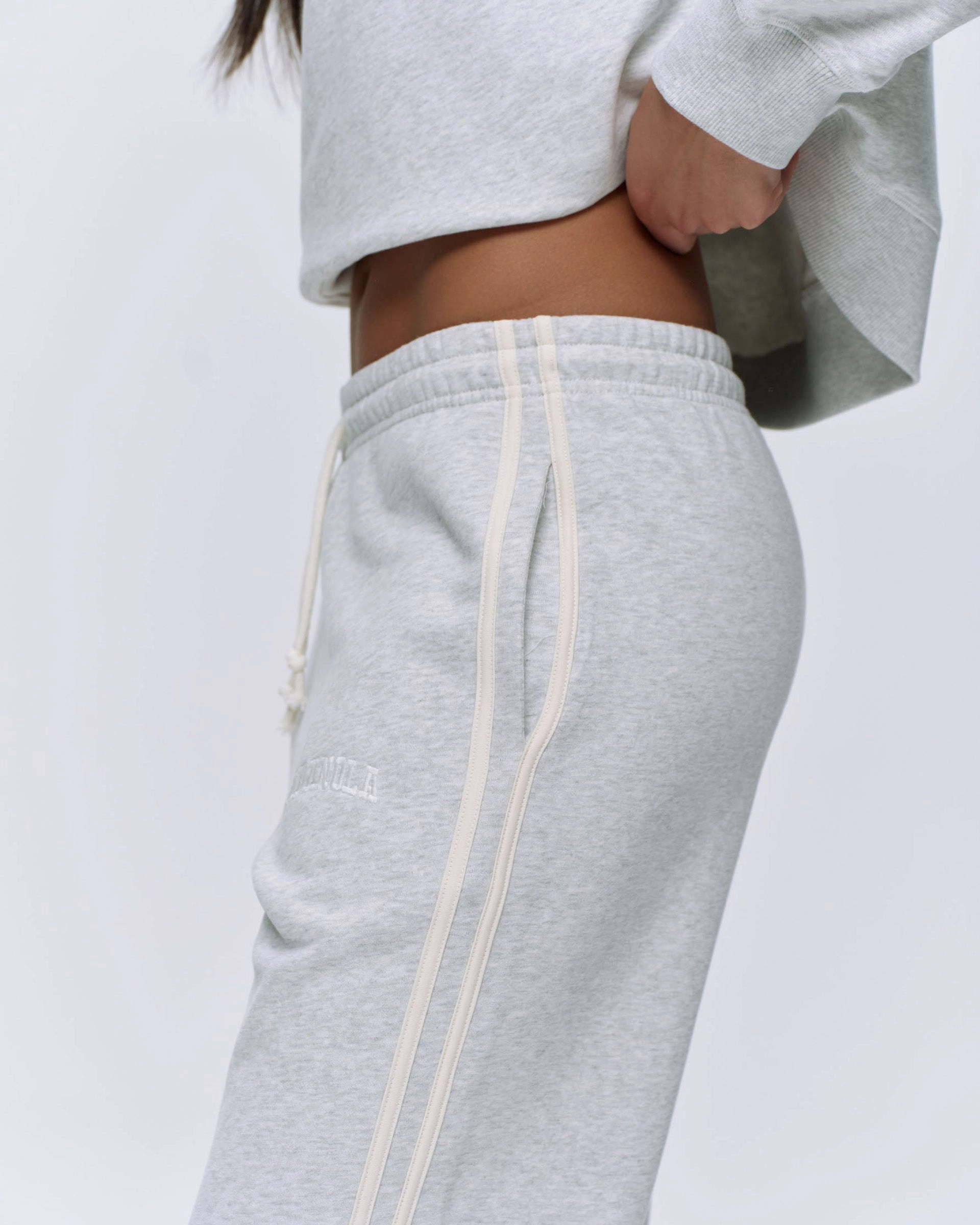 Trendy Layering Varsity Loose Fit Sweatpants - Light Grey Melange/Marshmallow White