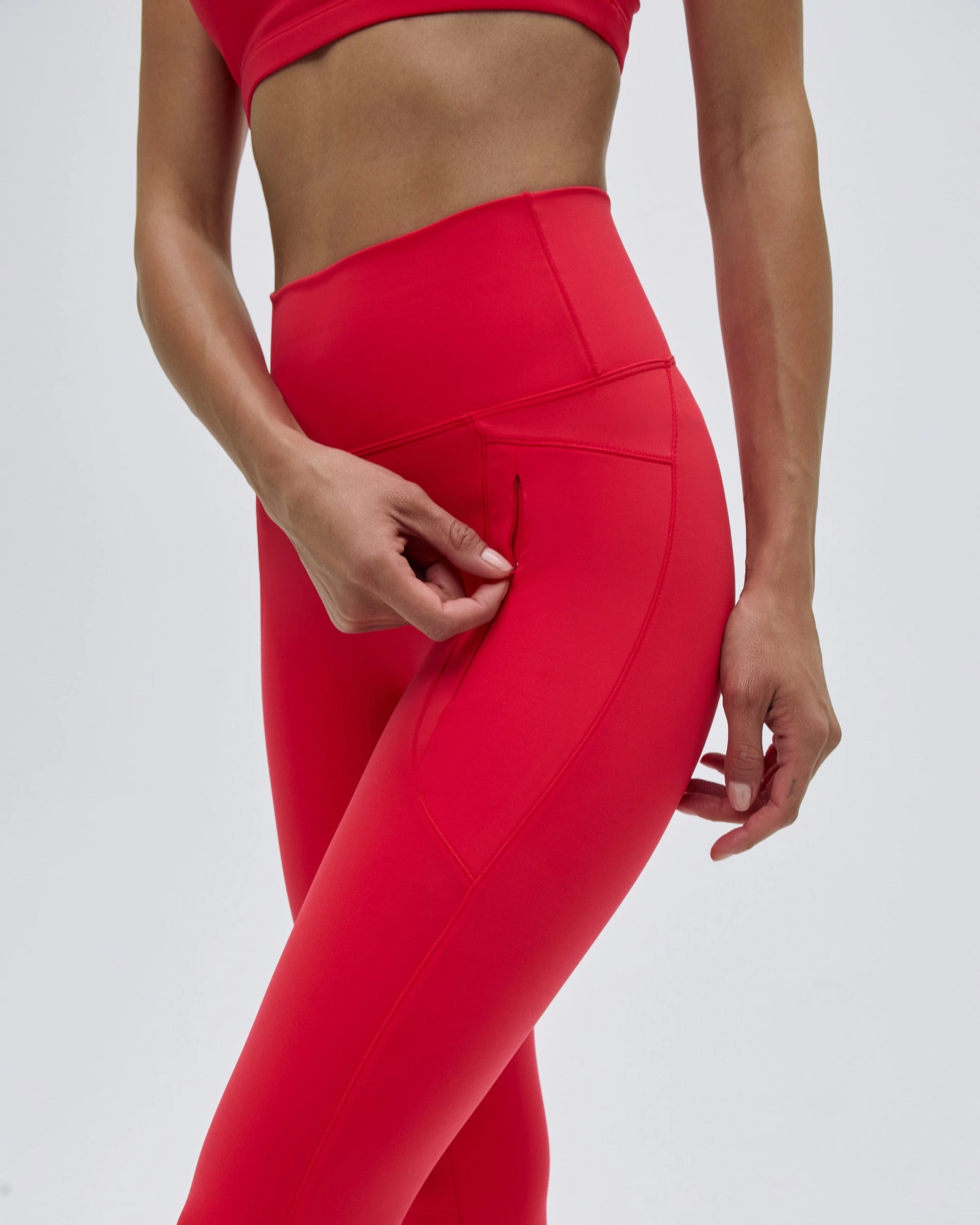 Dry Fit Postpartum Fit Gym Workout Ultimate Seam Detail Zip Pocket Leggings - Apple Red