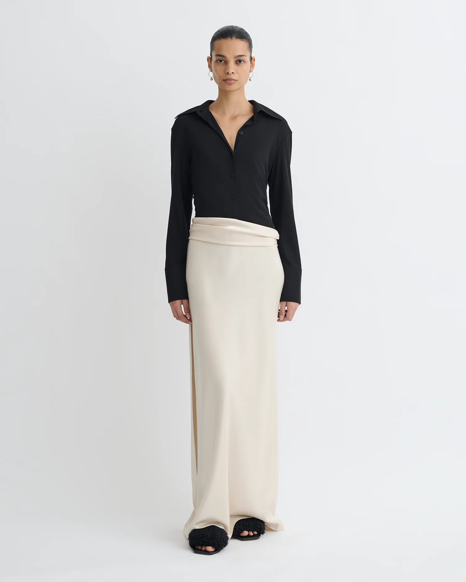 Edgy Twist Scylla - Mesh Jersey and Slip Satin Dress - Creme/Black