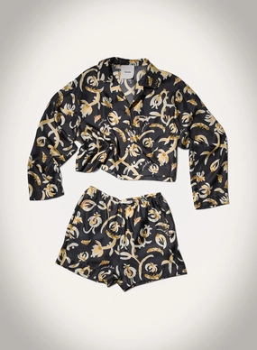 Vally - Cropped Silk Twill Shirt - Black Floral Urban Trend