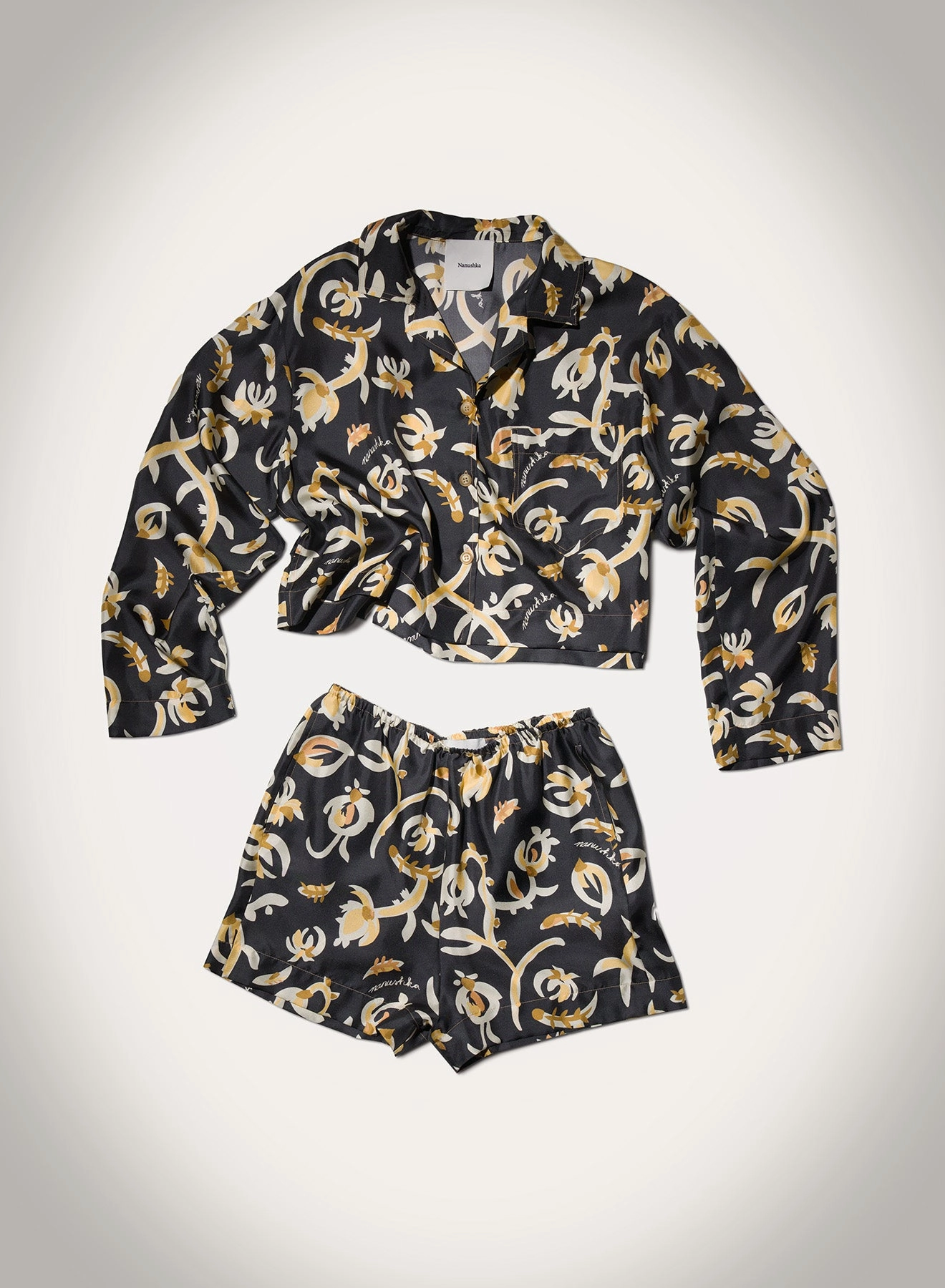 Roll-Up Sleeve Vally - Cropped Silk Twill Shirt - Black Floral