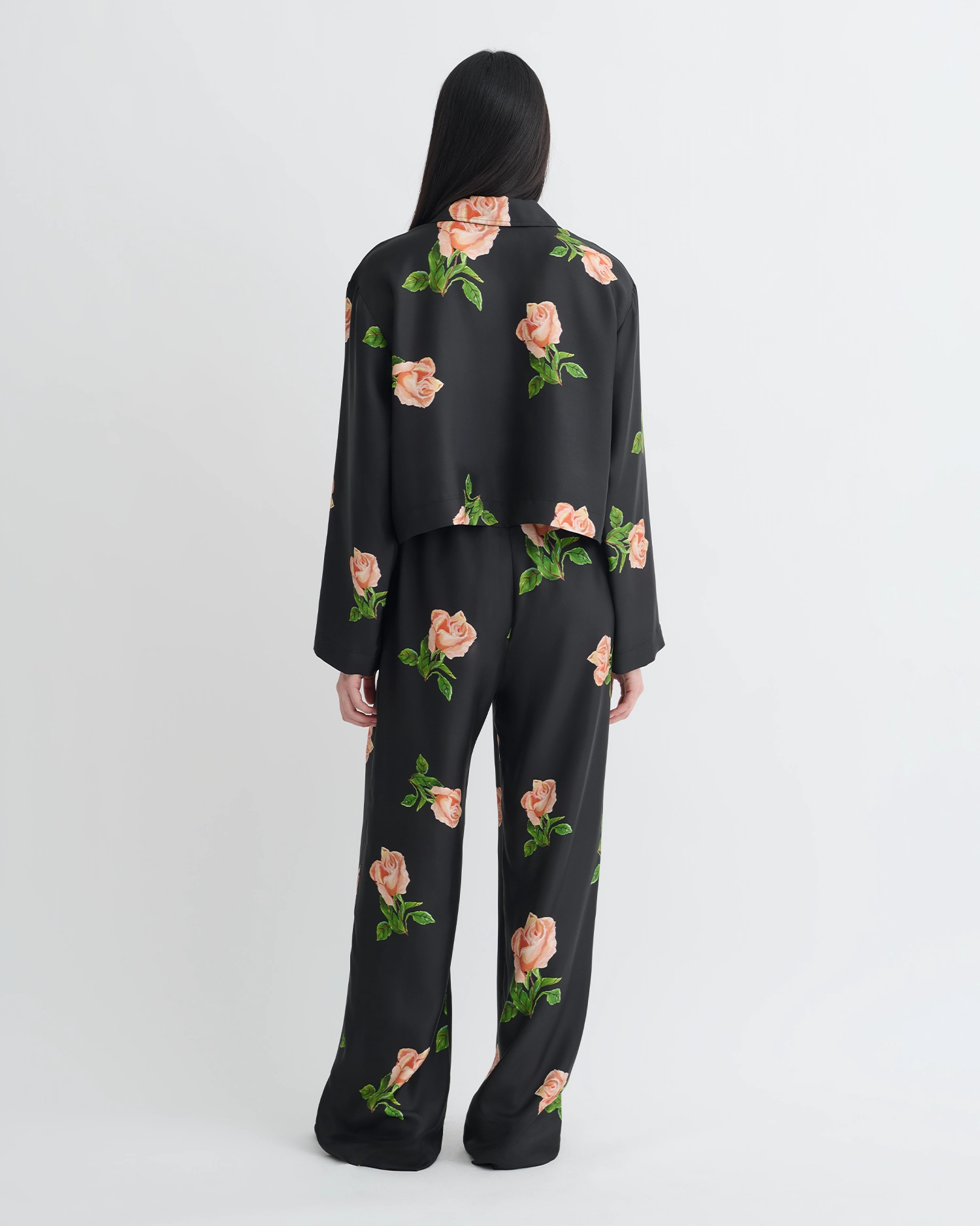 Bold Graphics Unisex Design Vally - Cropped Silk Twill Shirt - Off Black/Roses