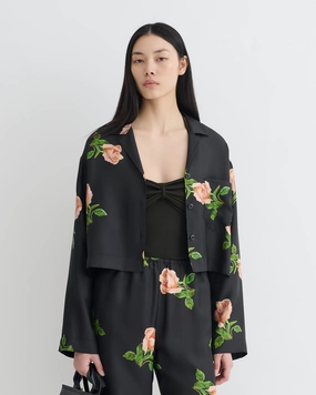 Flex Fit Collar Vally - Cropped Silk Twill Shirt - Off Black/Roses