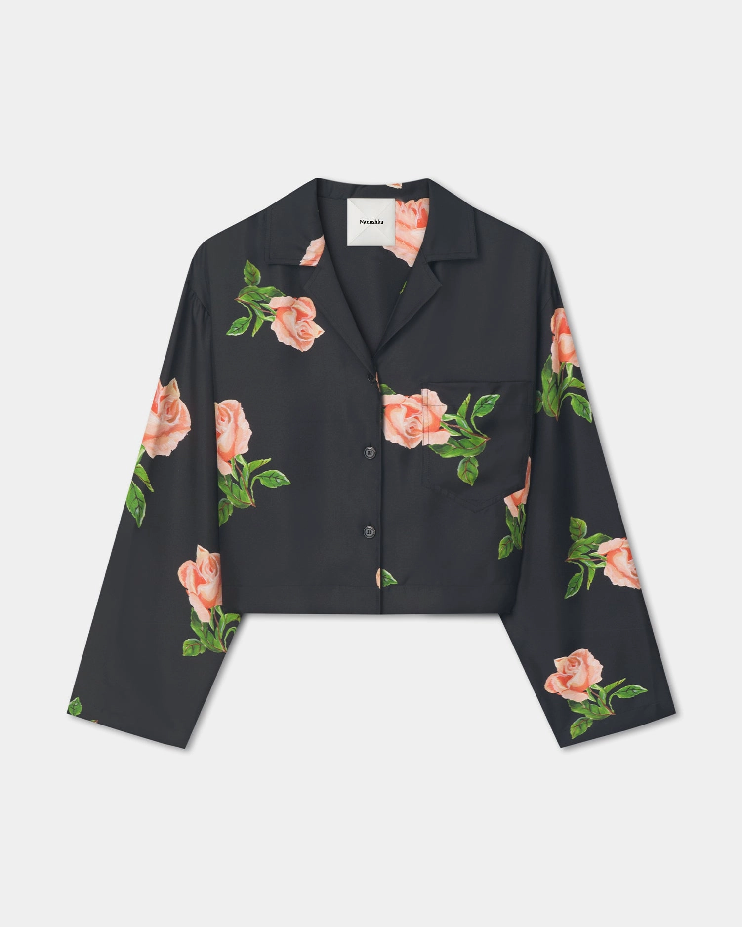 Vally - Cropped Silk Twill Shirt - Off Black/Roses Classy Detail Winter Layering