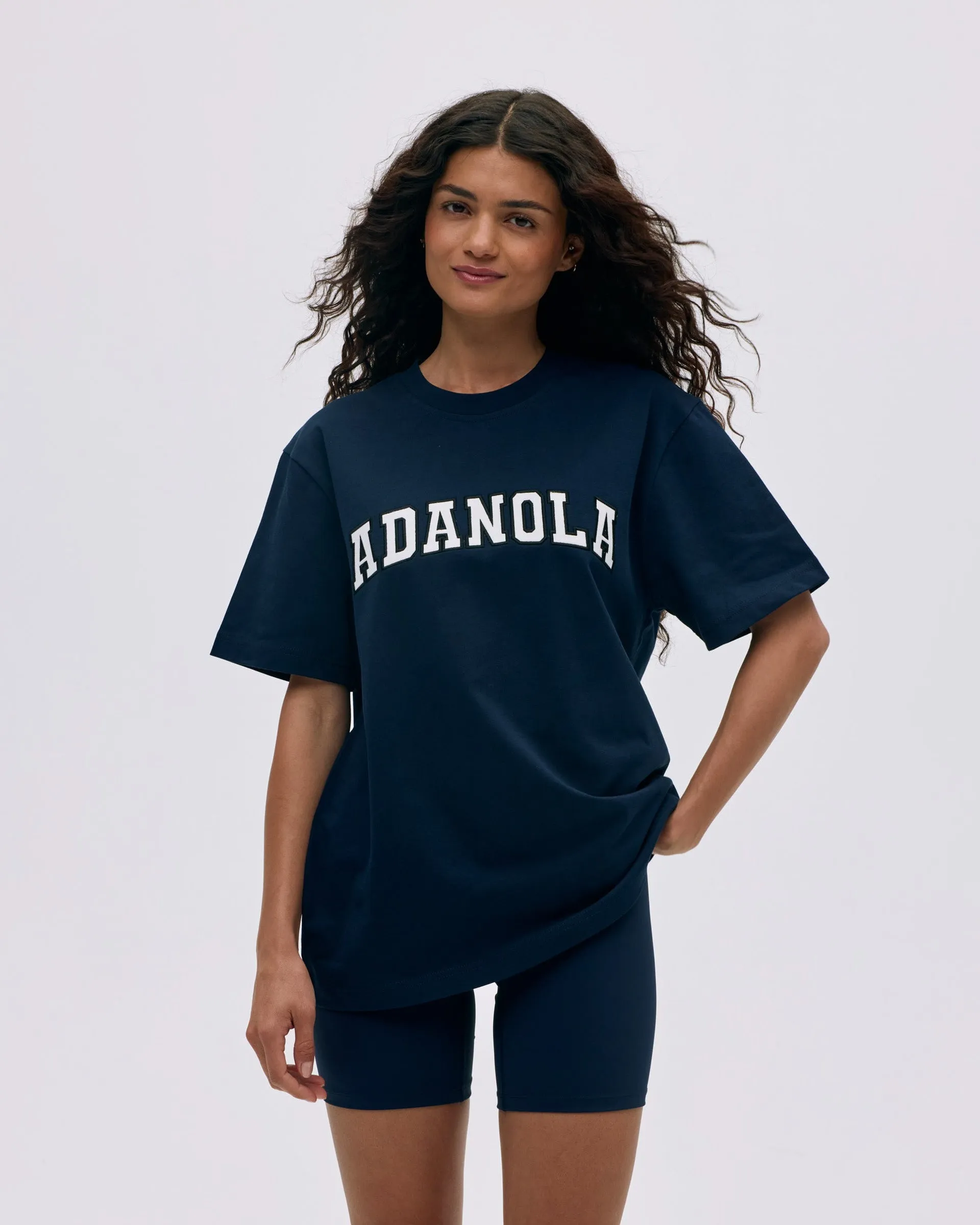 Comfortable Layer BrushedInnerLining Varsity Short Sleeve Oversized T-shirt - Navy Blue/White