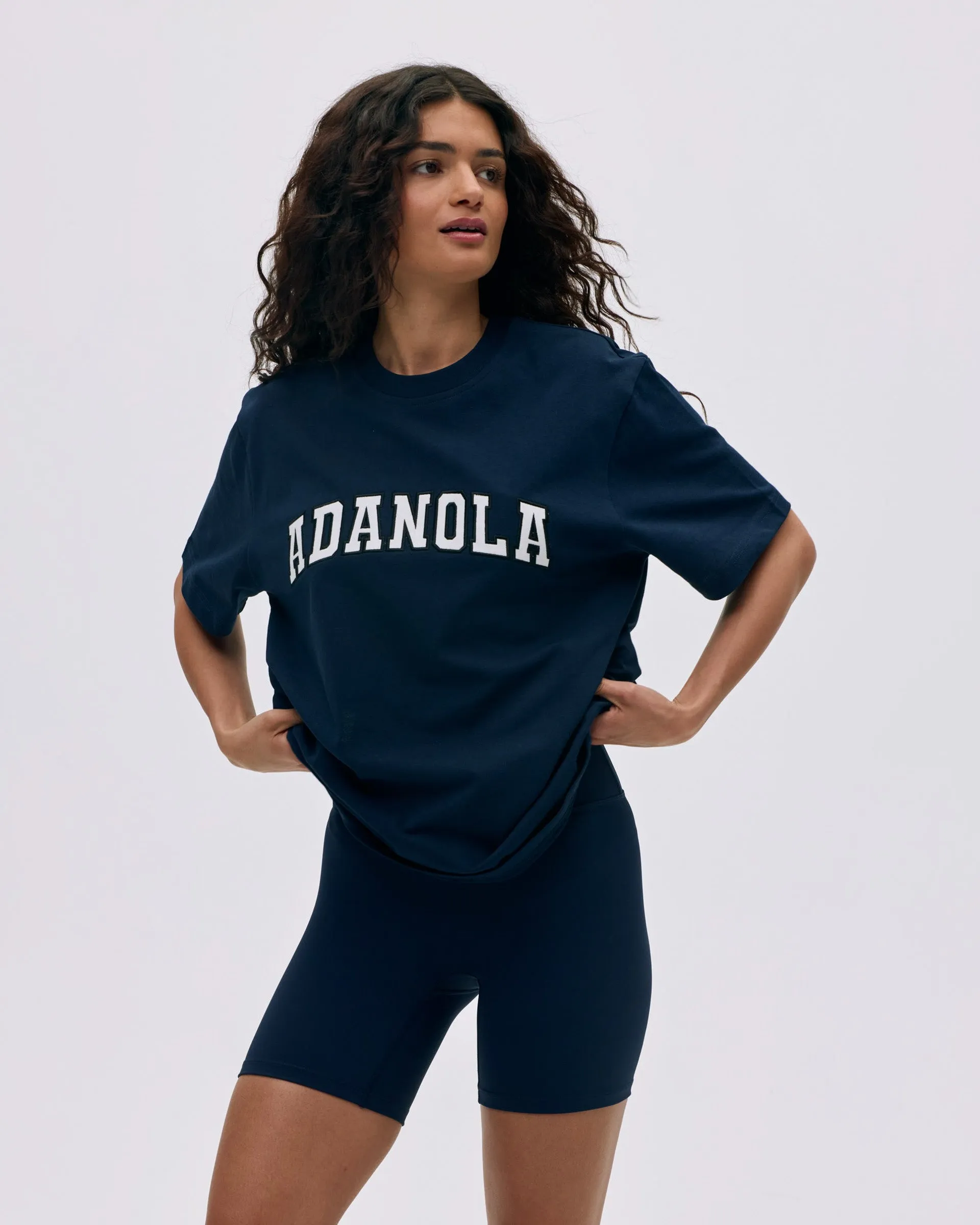 sporty wear Layered Neckline Details Varsity Short Sleeve Oversized T-shirt - Navy Blue/White