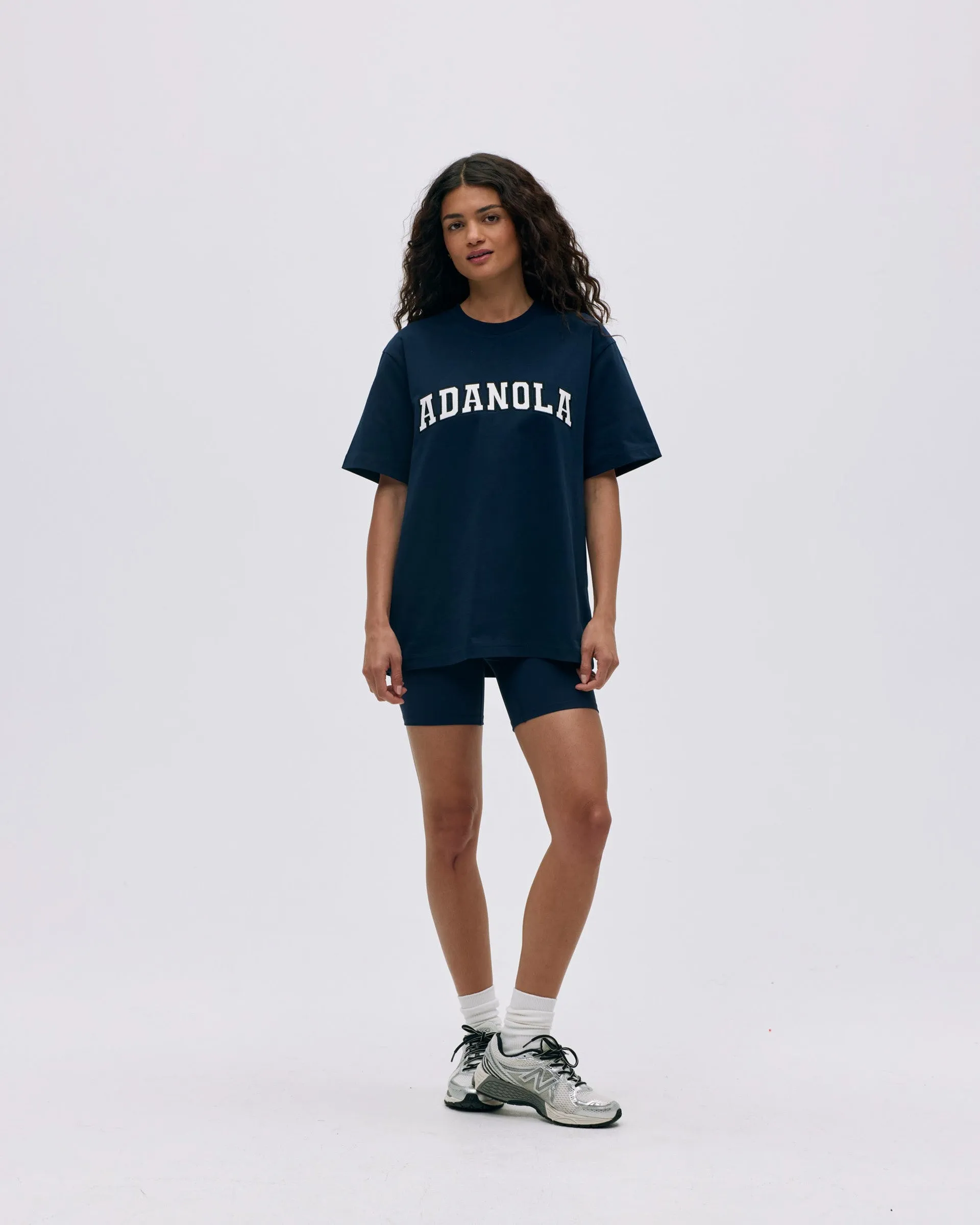 Noise Reducing Fabric Treatment SustainableBlend Varsity Short Sleeve Oversized T-shirt - Navy Blue/White