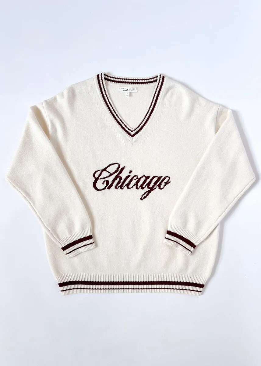 Winter Ready Knit Chicago Collegiate V-Neck Sweater - Cream/Maroon