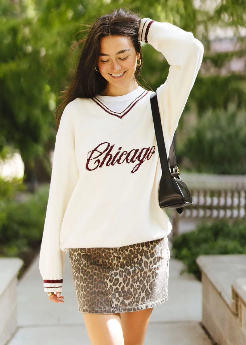 Trendy Look Sleek and Soft Chicago Collegiate V-Neck Sweater - Cream/Maroon