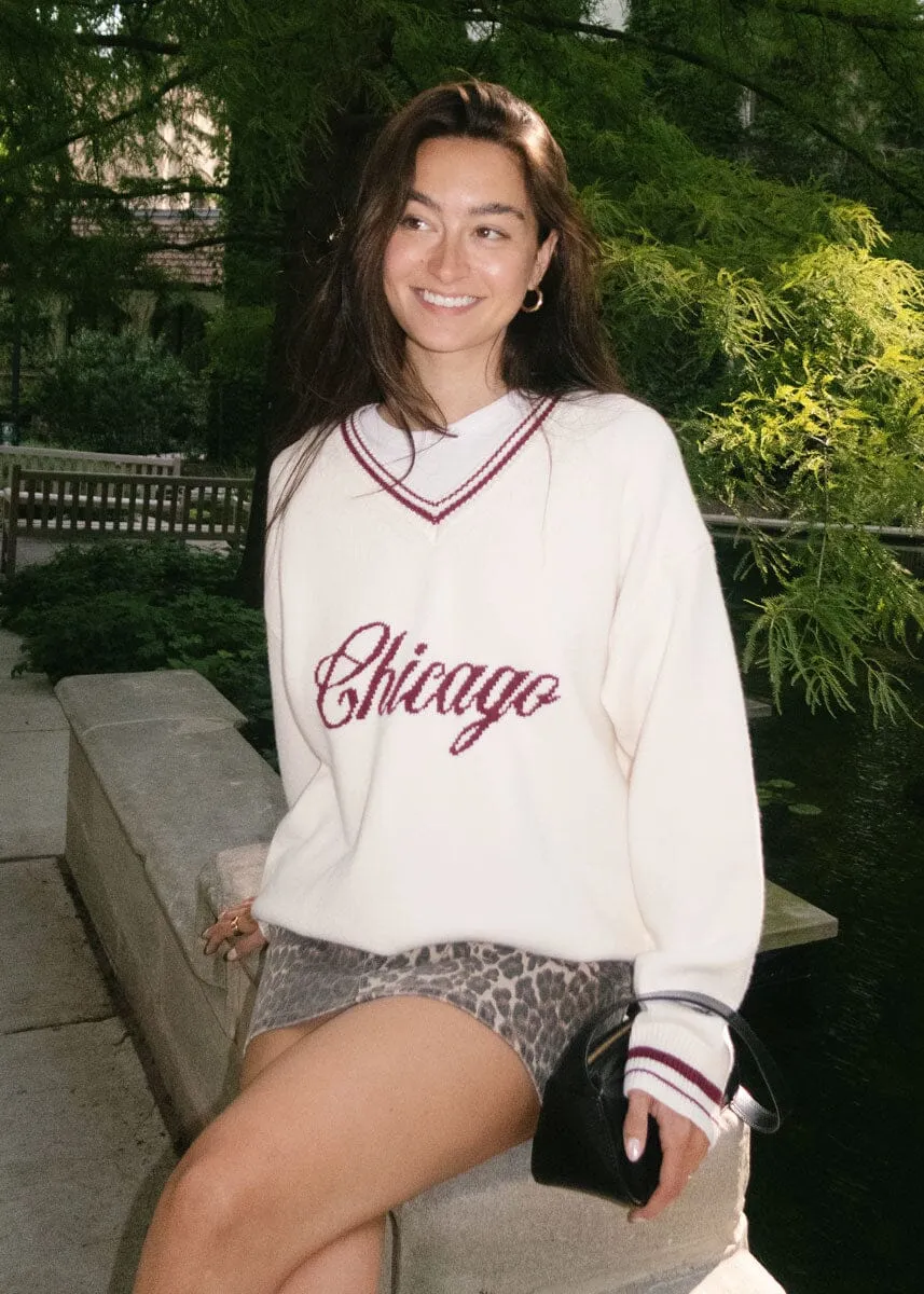 Chicago Collegiate V-Neck Sweater - Cream/Maroon Layering Essential Layer Design