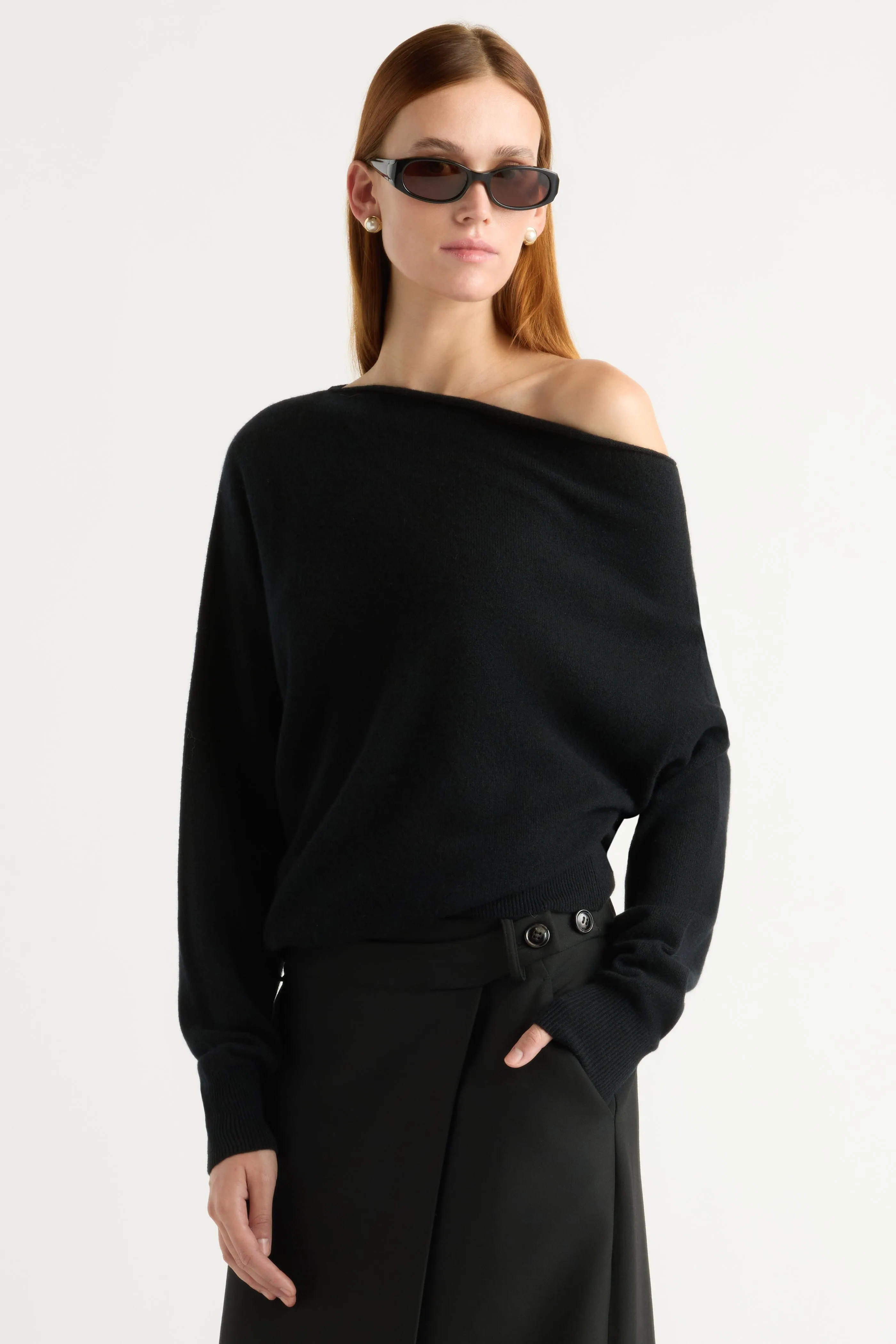 Street Ready Casual Chic Look Lan Cashmere Off-Shoulder Sweater