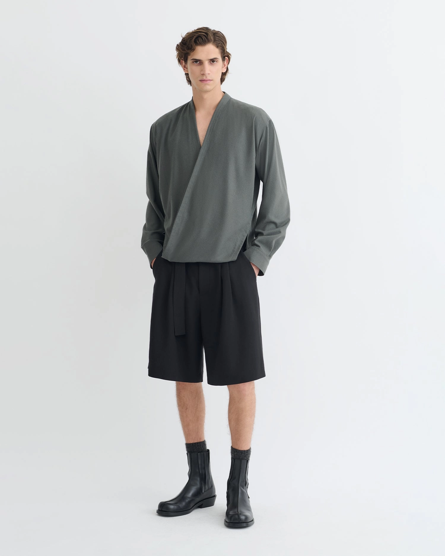 mix and match Yorick - Raw Silk Wrap Shirt - Dark Grey
