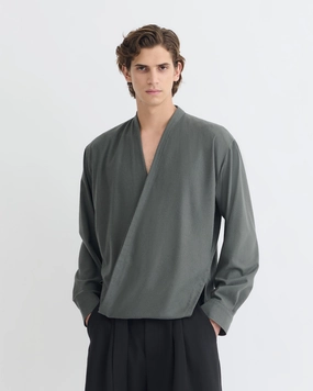 Glossy Texture Yorick - Raw Silk Wrap Shirt - Dark Grey