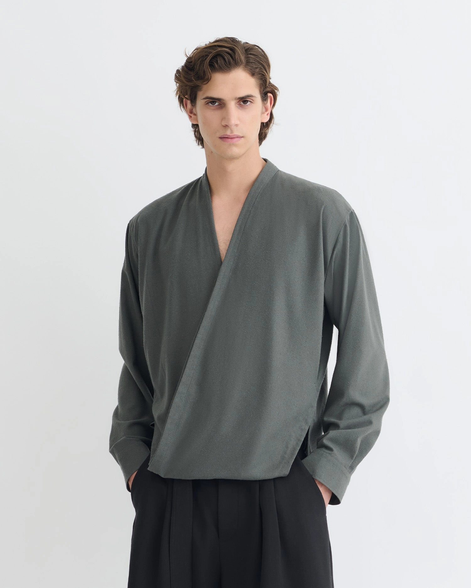 Glossy Texture Yorick - Raw Silk Wrap Shirt - Dark Grey