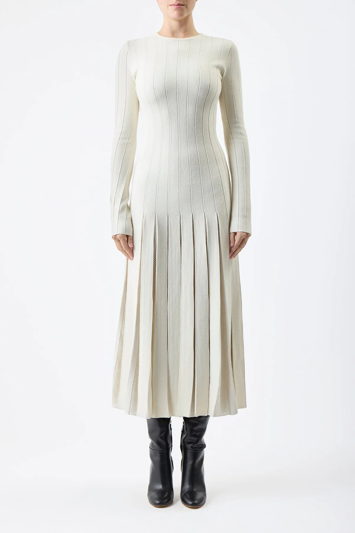 Lightweight-Layer Walsh Knit Maxi Pleated Dress in Ivory Wool