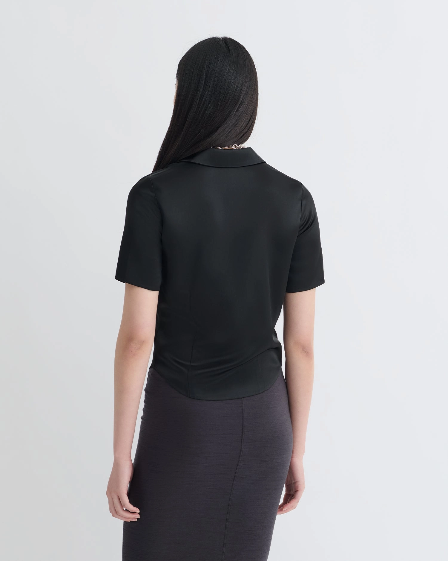 Clare - Slip Satin Shirt - Black Reinforced Shoulders Micro Perforated Texture