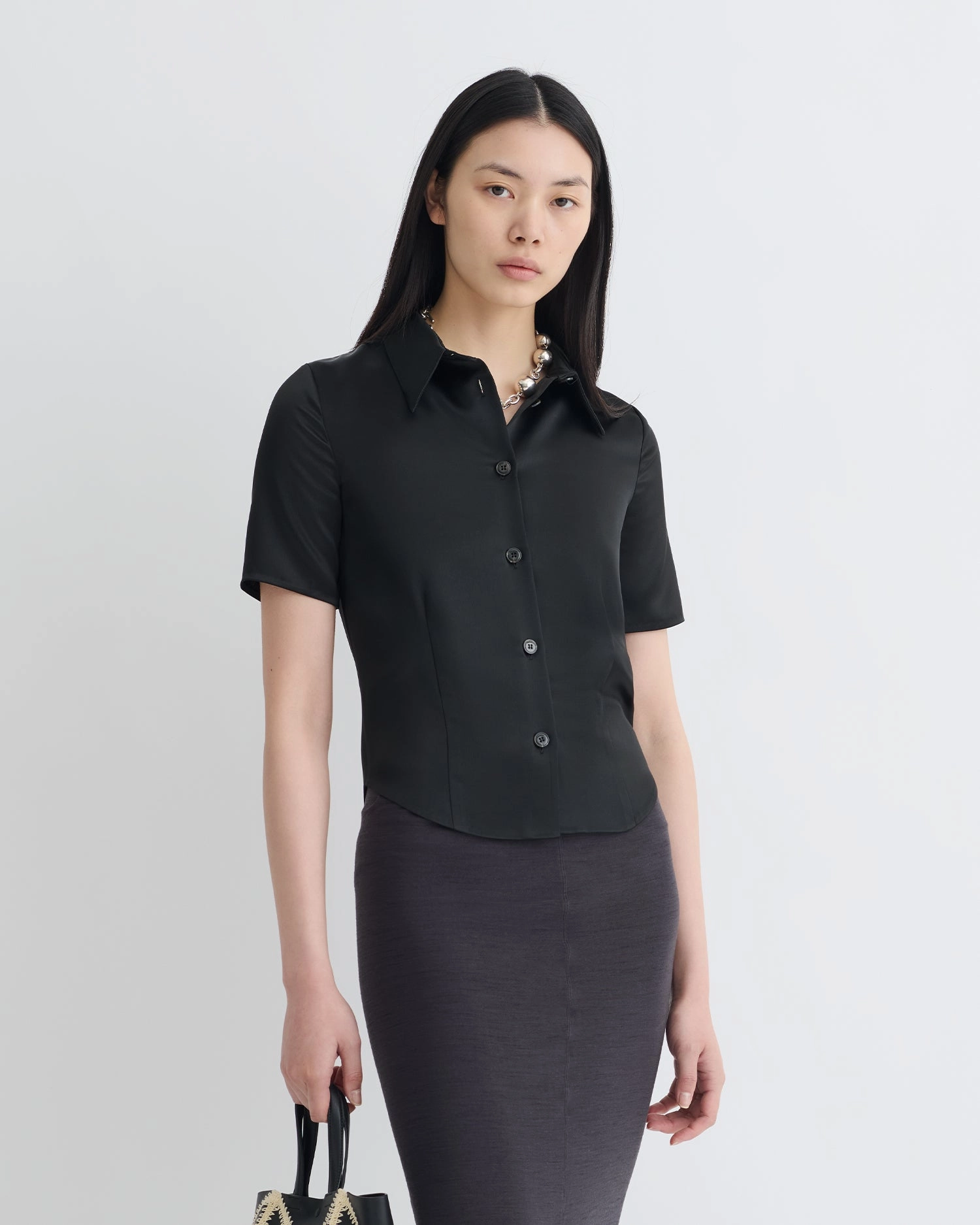 Clare - Slip Satin Shirt - Black Bold Pattern