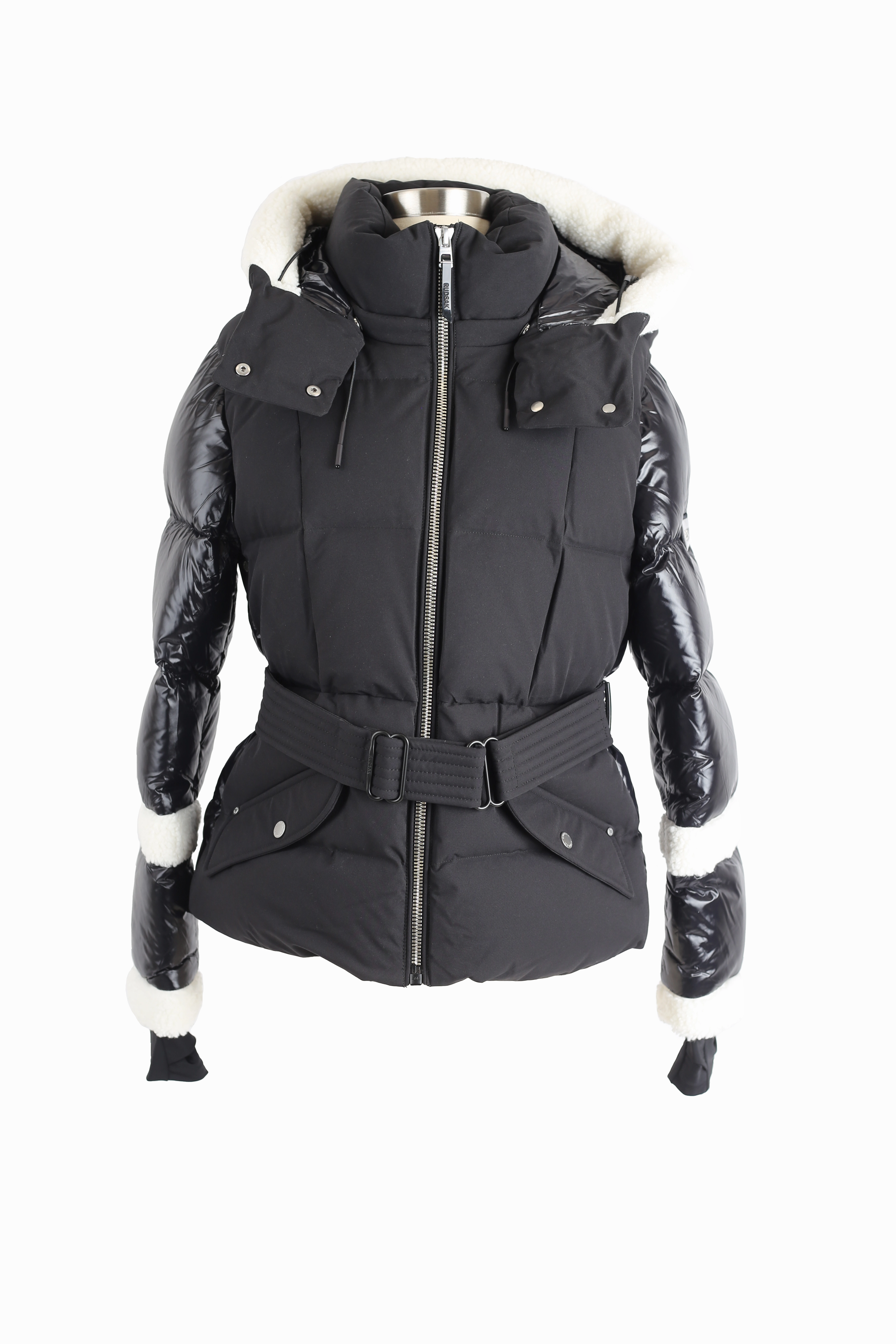 Audrey Faux Shearling Trim Down Belted Puffer Jacket ElasticWaistband