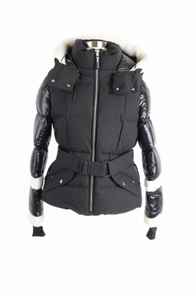 Audrey Faux Shearling Trim Down Belted Puffer Jacket ElasticWaistband