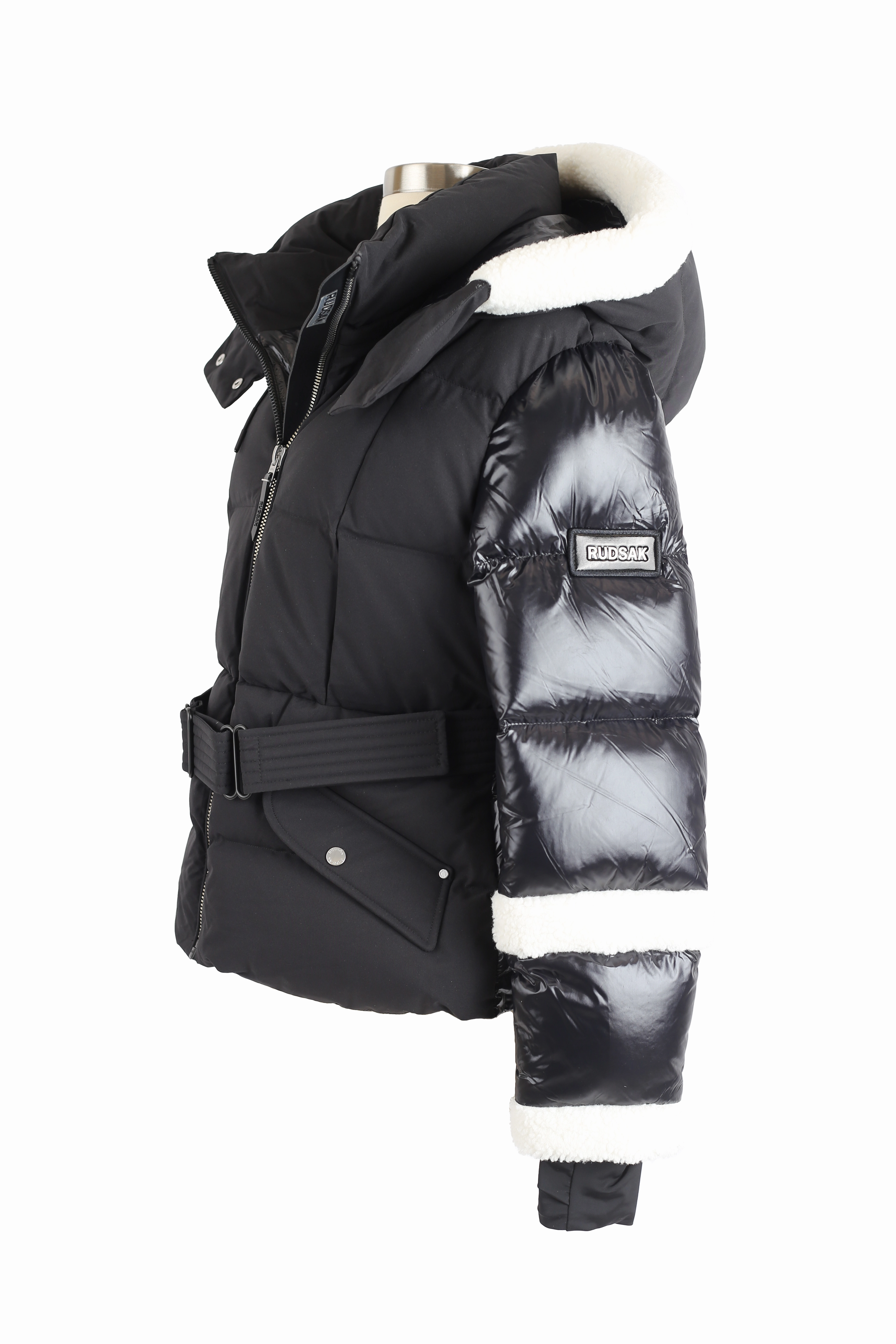 Audrey Faux Shearling Trim Down Belted Puffer Jacket Long Lasting Shape Retention