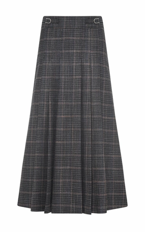 Biodegradable Fabric Earth Tones Wesley Midi Skirt in Charcoal Wool Silk Clubcheck Plaid