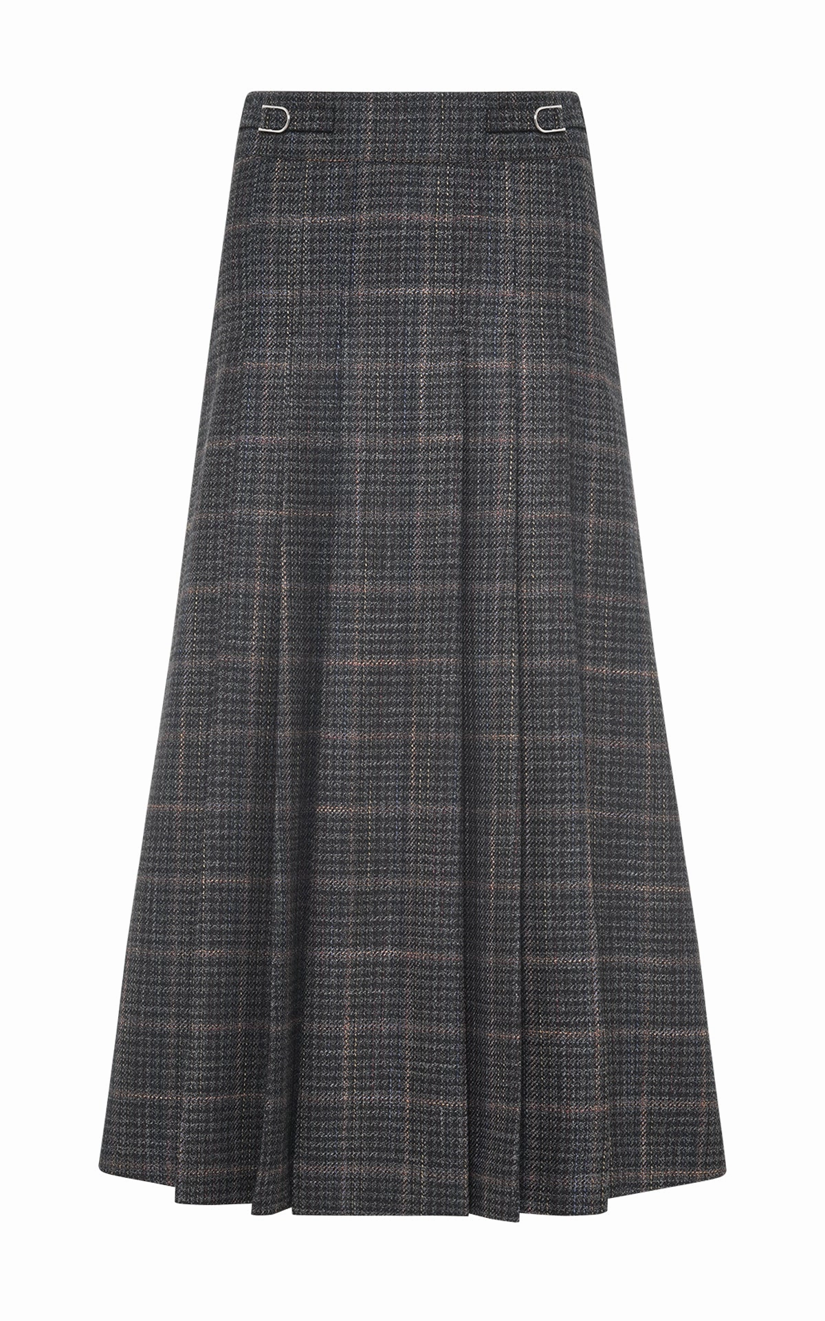 Biodegradable Fabric Earth Tones Wesley Midi Skirt in Charcoal Wool Silk Clubcheck Plaid