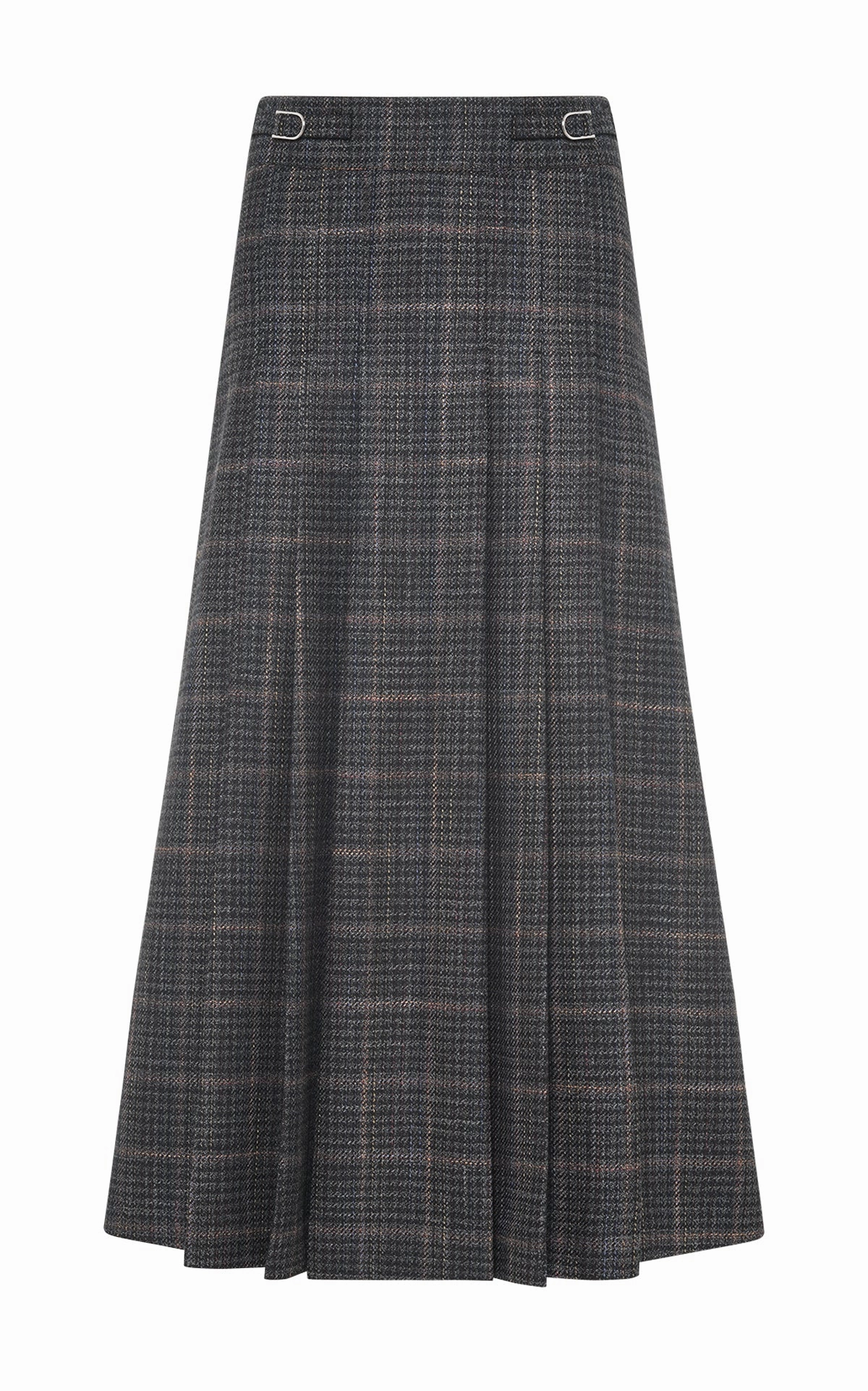 Tiered Design Ethically Made Wesley Midi Skirt in Charcoal Wool Silk Clubcheck Plaid